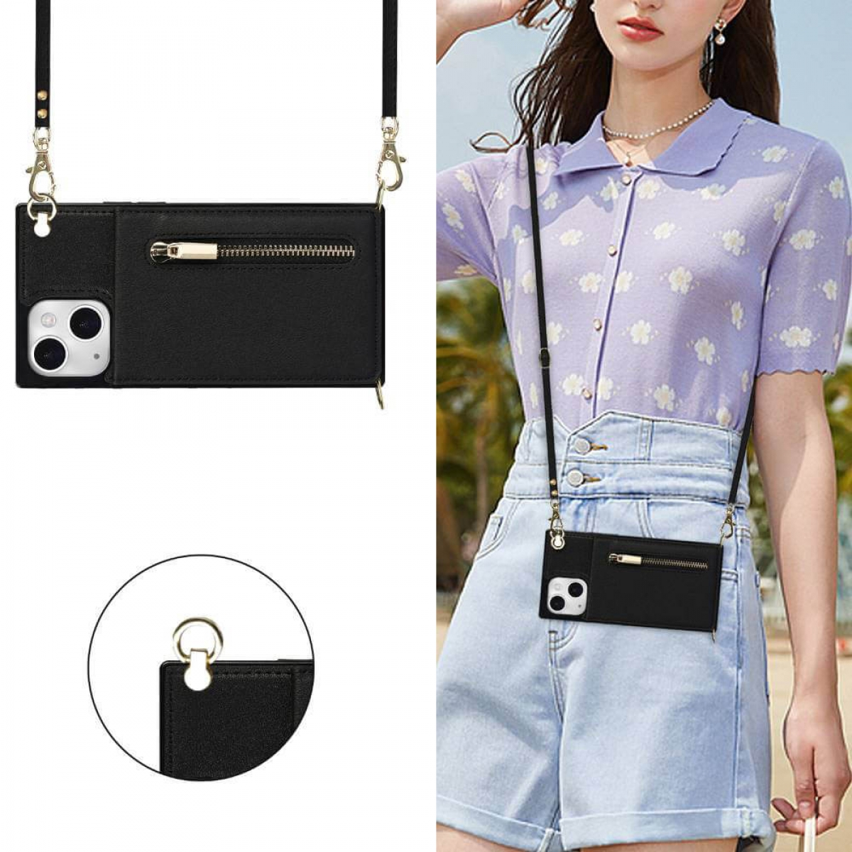 Frau, die eine schwarze Handyhülle im Crossbody-Stil trägt.