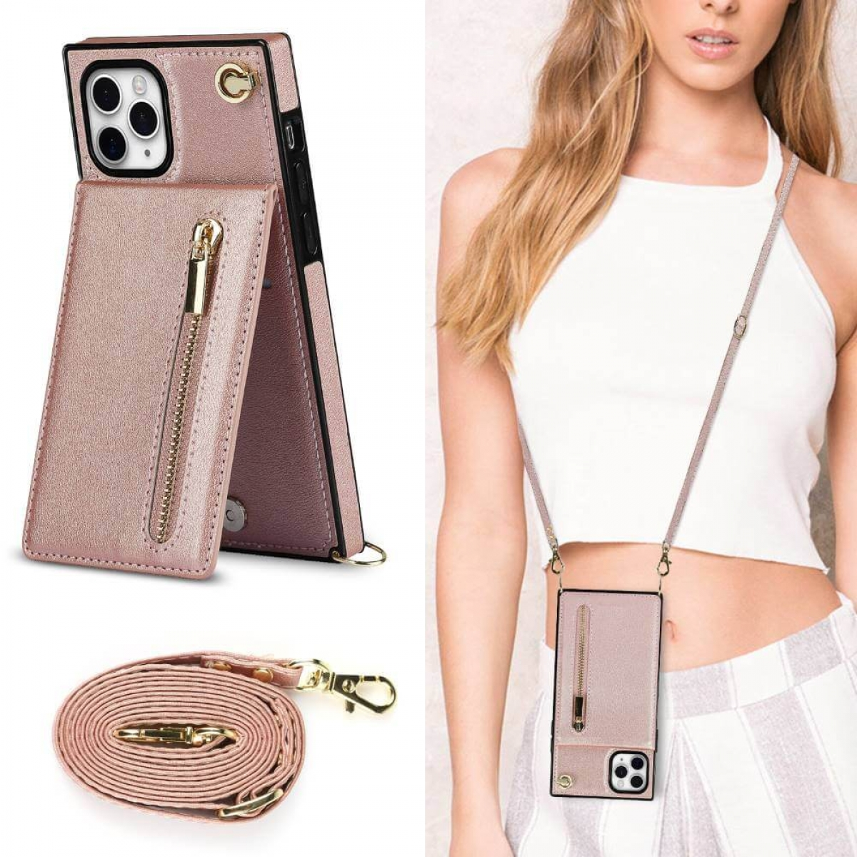 CASEONLINE Zipper Necklace, iPhone 11 Pro, Rose Umhängetasche, Apple