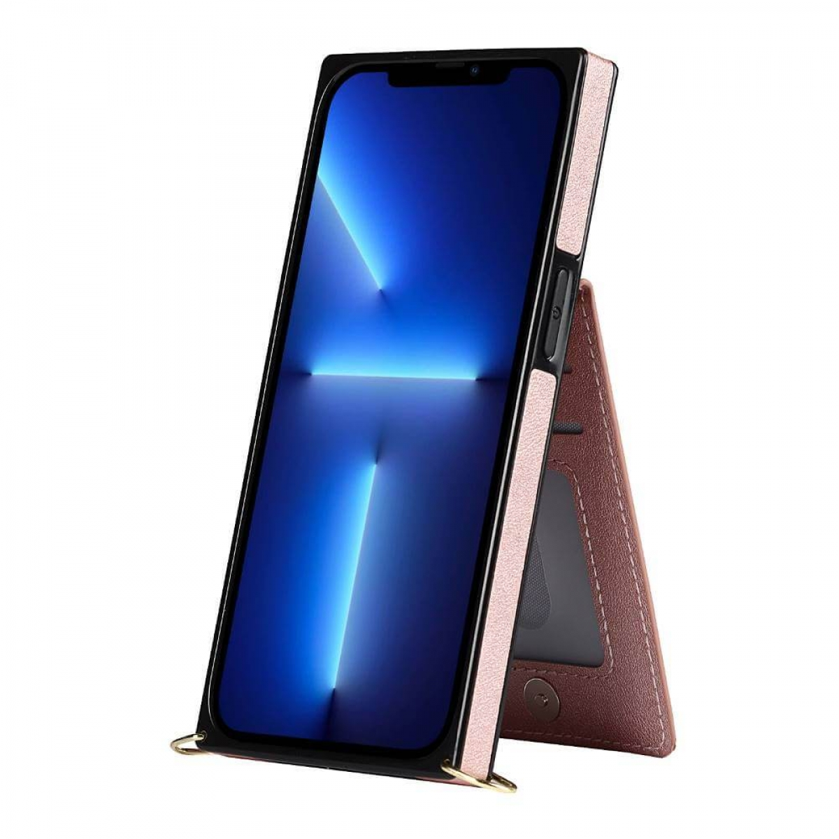 Ein Smartphone in einer Aufstellhülle. Der Bildschirm zeigt ein blaues Lichtmuster. Das Etui ist braun und rosa.