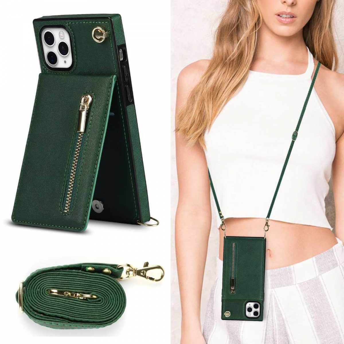 CASEONLINE Zipper Necklace, Apple, Grün iPhone Umhängetasche, Pro Max, 11