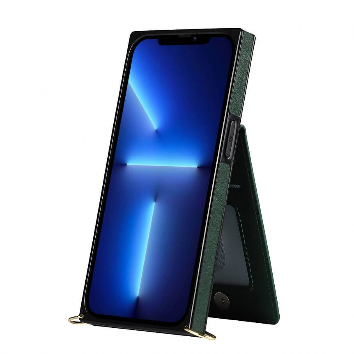 Grüne Handyhülle aufgeklappt. Schwarzer Telefonbildschirm. Die Hülle hat einen Kartenhalter.