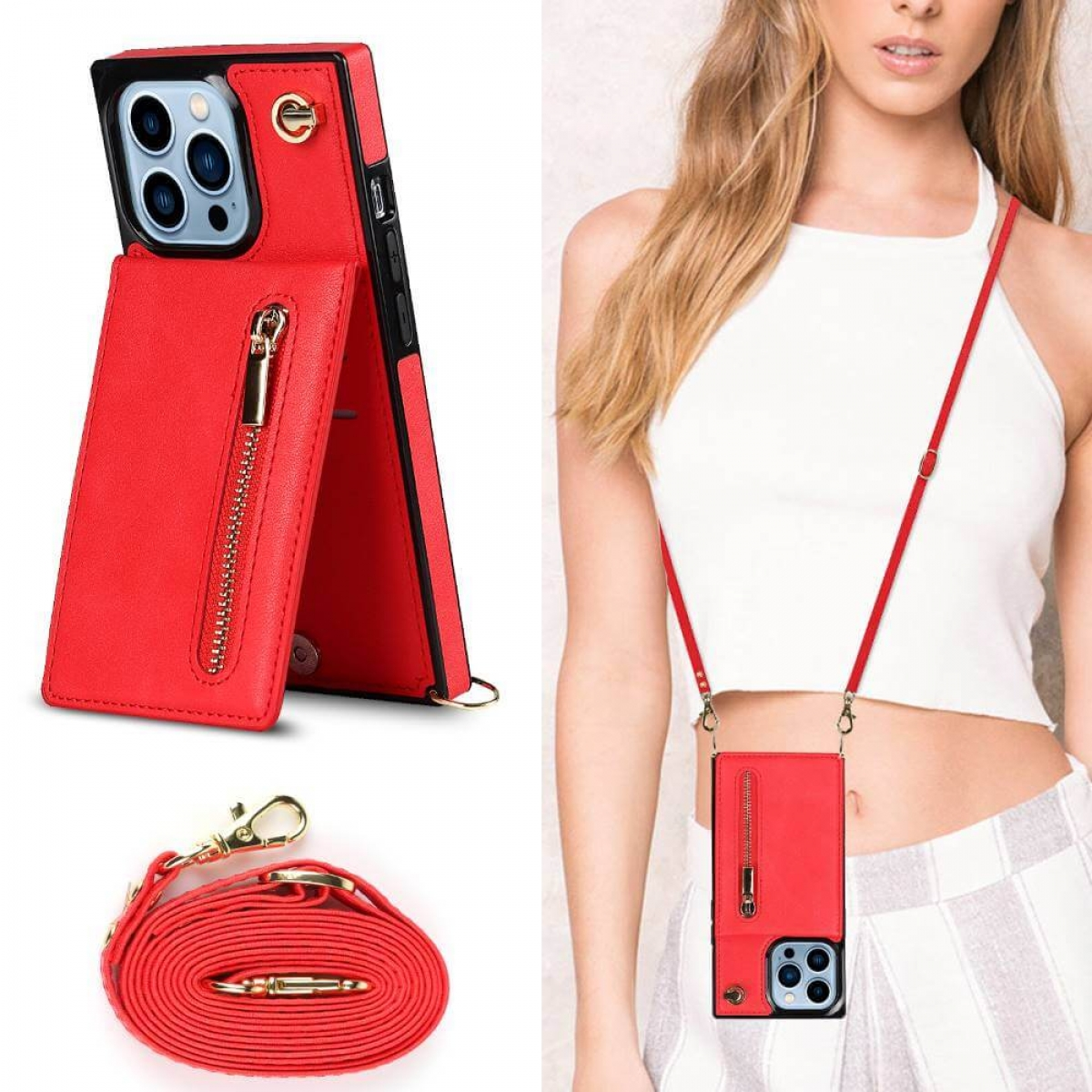 CASEONLINE Zipper Necklace, Umhängetasche, Apple, iPhone Pro, 12 Rot