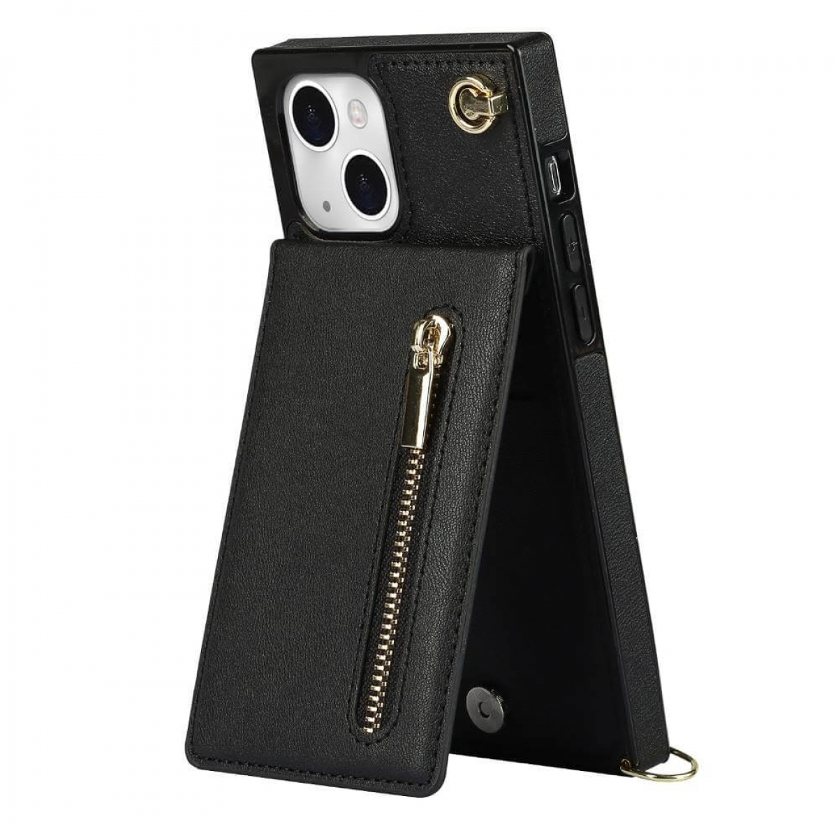 Schwarze Handyhülle mit Kartenhalter, das Telefon befindet sich darin. Die Hülle liegt auf einer weißen Oberfläche.