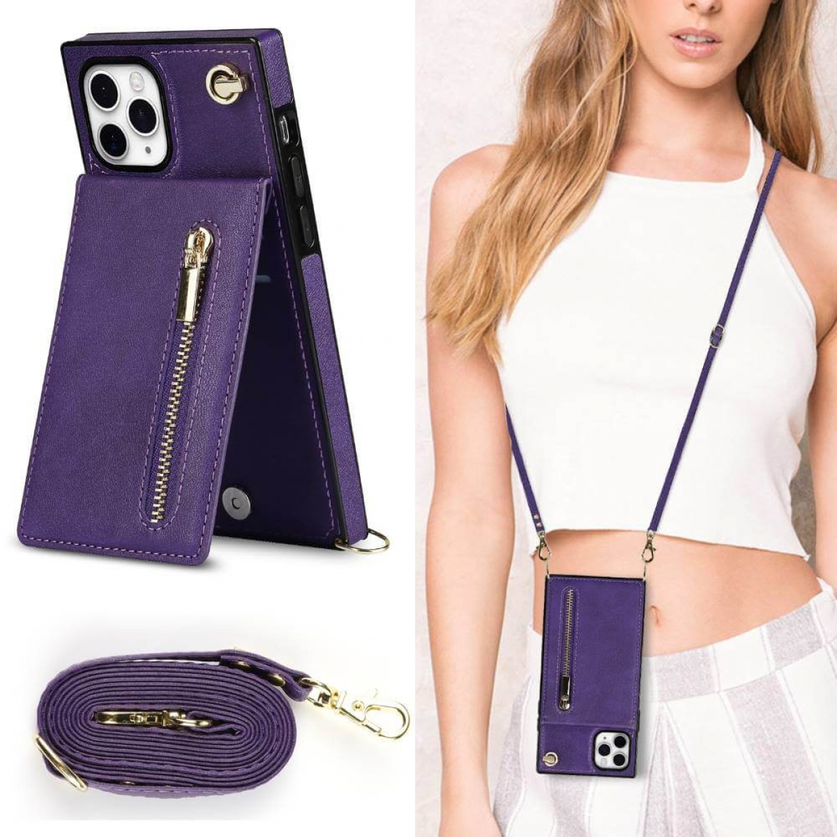Necklace, 11 CASEONLINE Violett Zipper Max, iPhone Apple, Pro Umhängetasche,