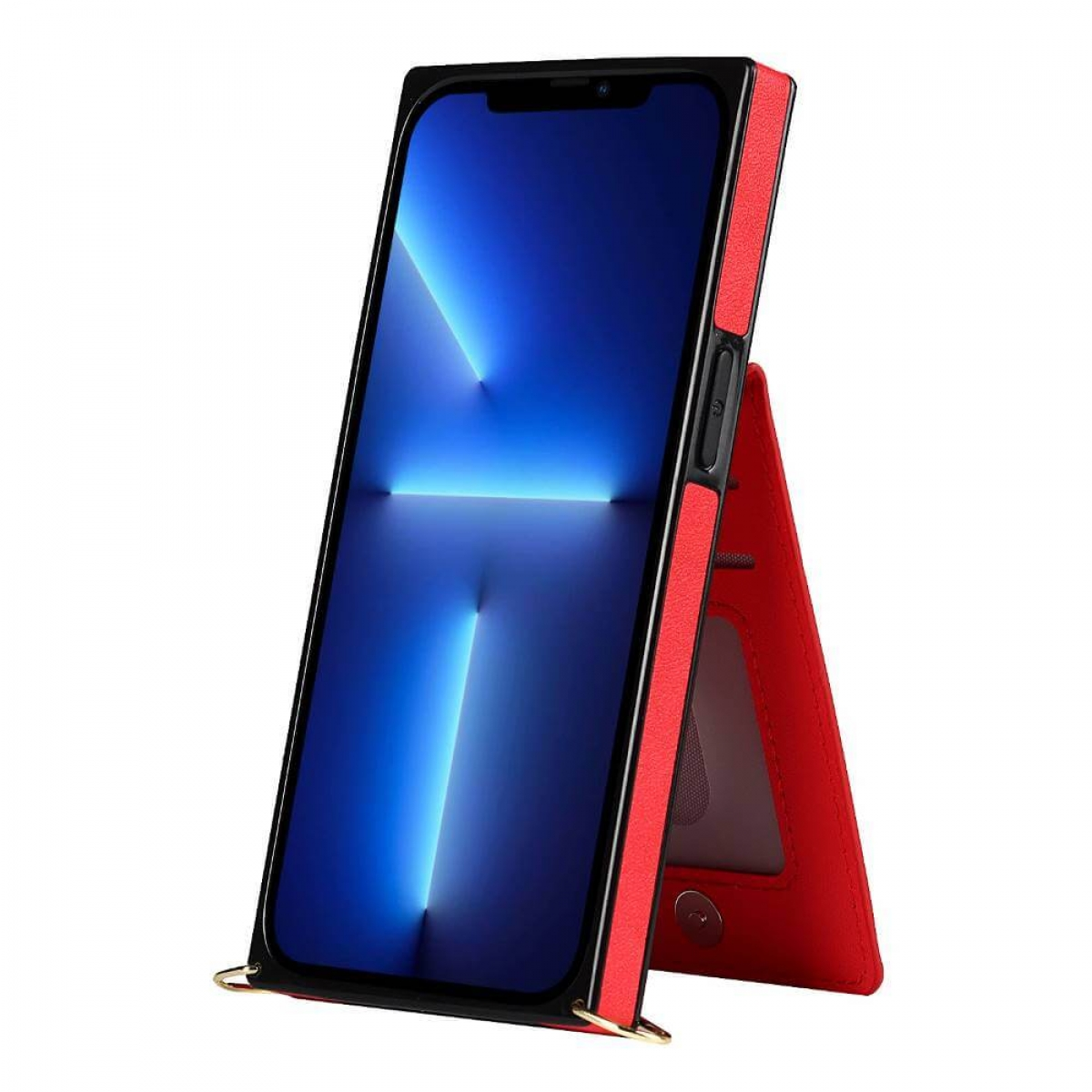 Eine rote Handyhülle mit eingeschaltetem Bildschirm, das Telefon steht.