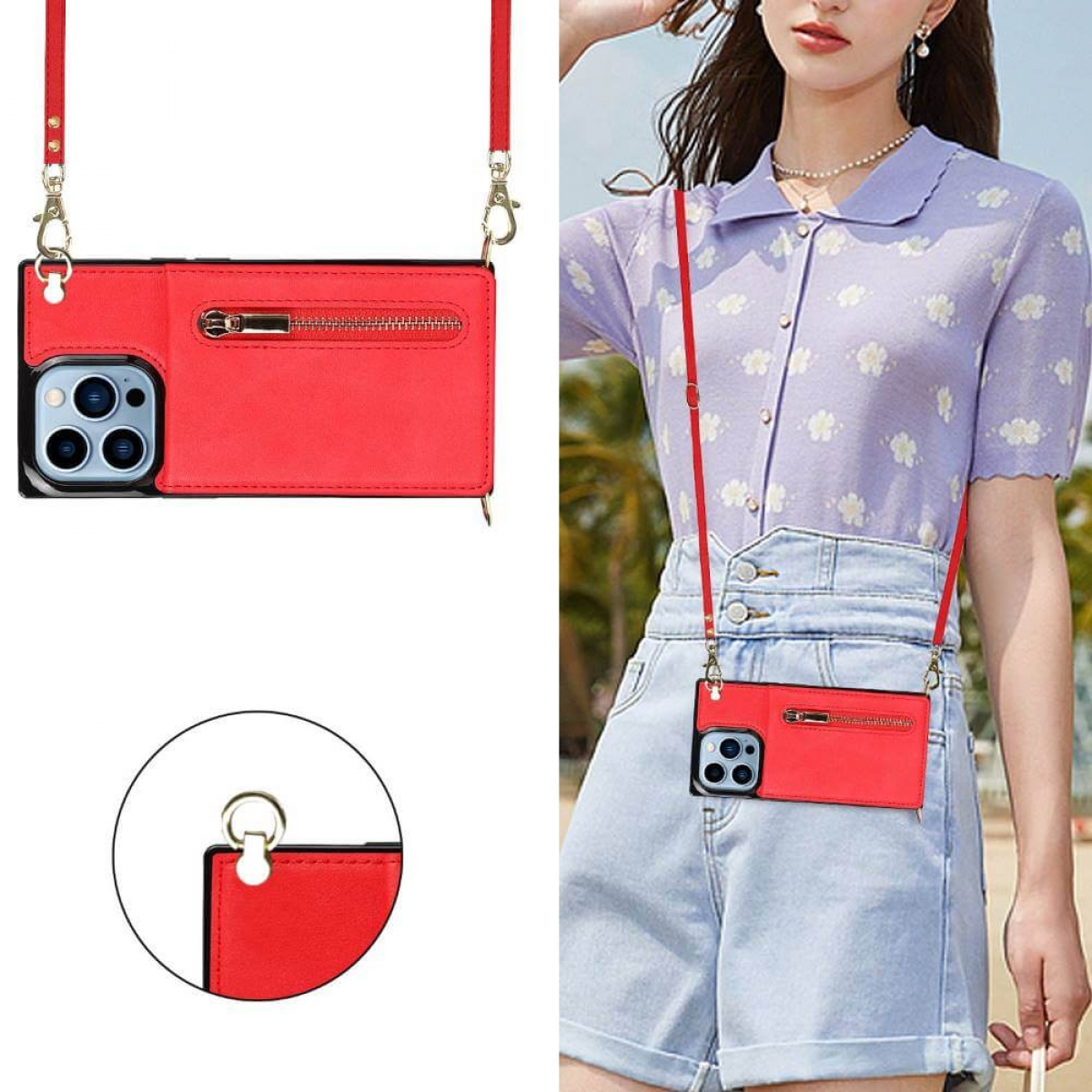 Eine Frau trägt eine rote Telefonhülle als Crossbody. Die Handyhülle hat einen Reißverschluss und ist rot.