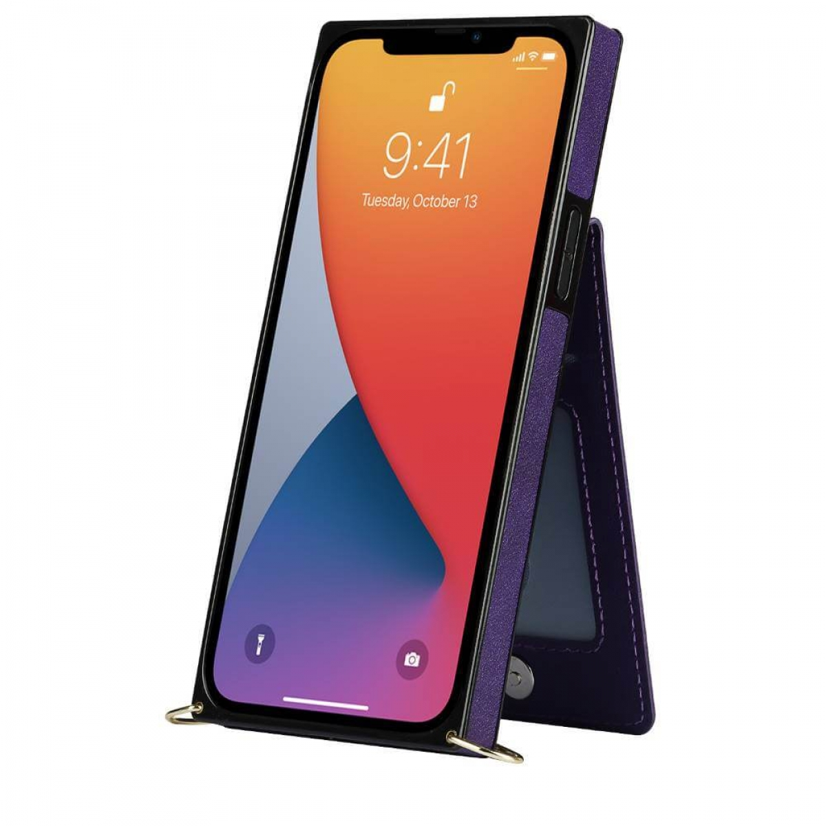 Eine lila Handyhülle, die aufrecht steht, mit einem Telefon darin. Der Bildschirm zeigt Uhrzeit und Datum.