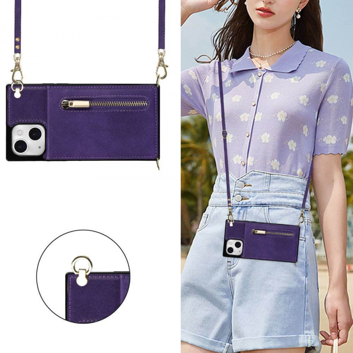 Lila Handyhülle mit Umhängeriemen, Reißverschlusstasche und eine Frau mit lila Hemd.