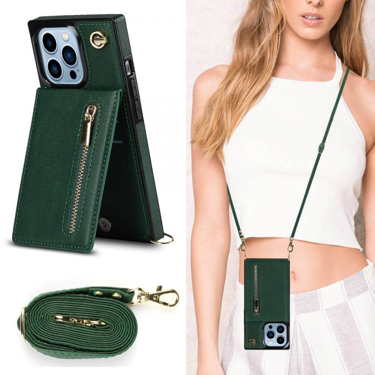 CASEONLINE Zipper Necklace, Grün Pro Apple, 12 Max, iPhone Umhängetasche