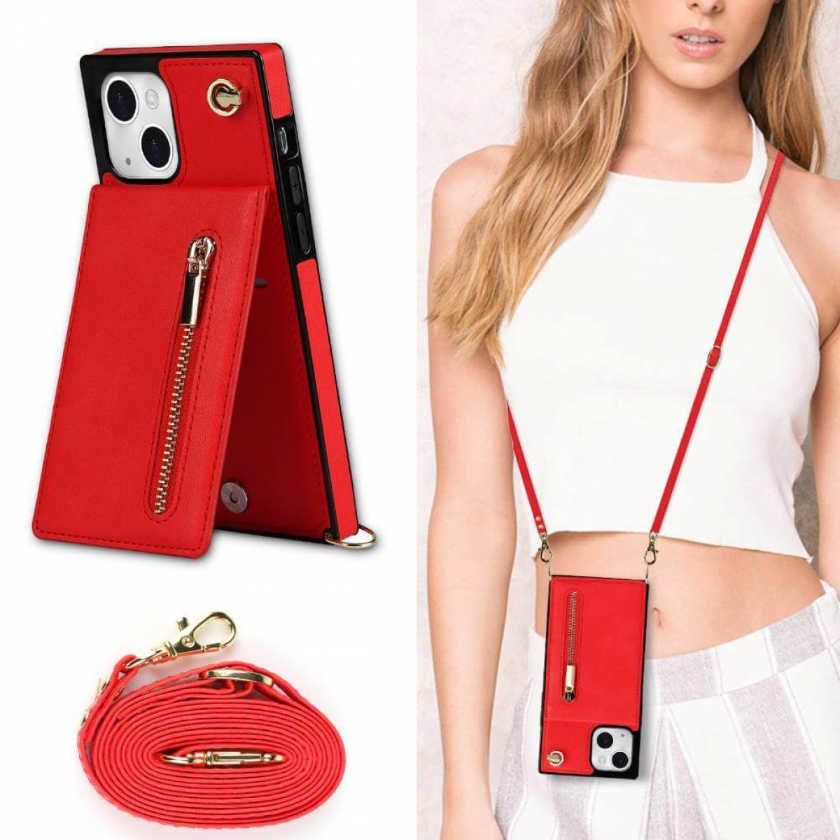CASEONLINE Zipper Necklace, Apple, iPhone Umhängetasche, 13, Rot