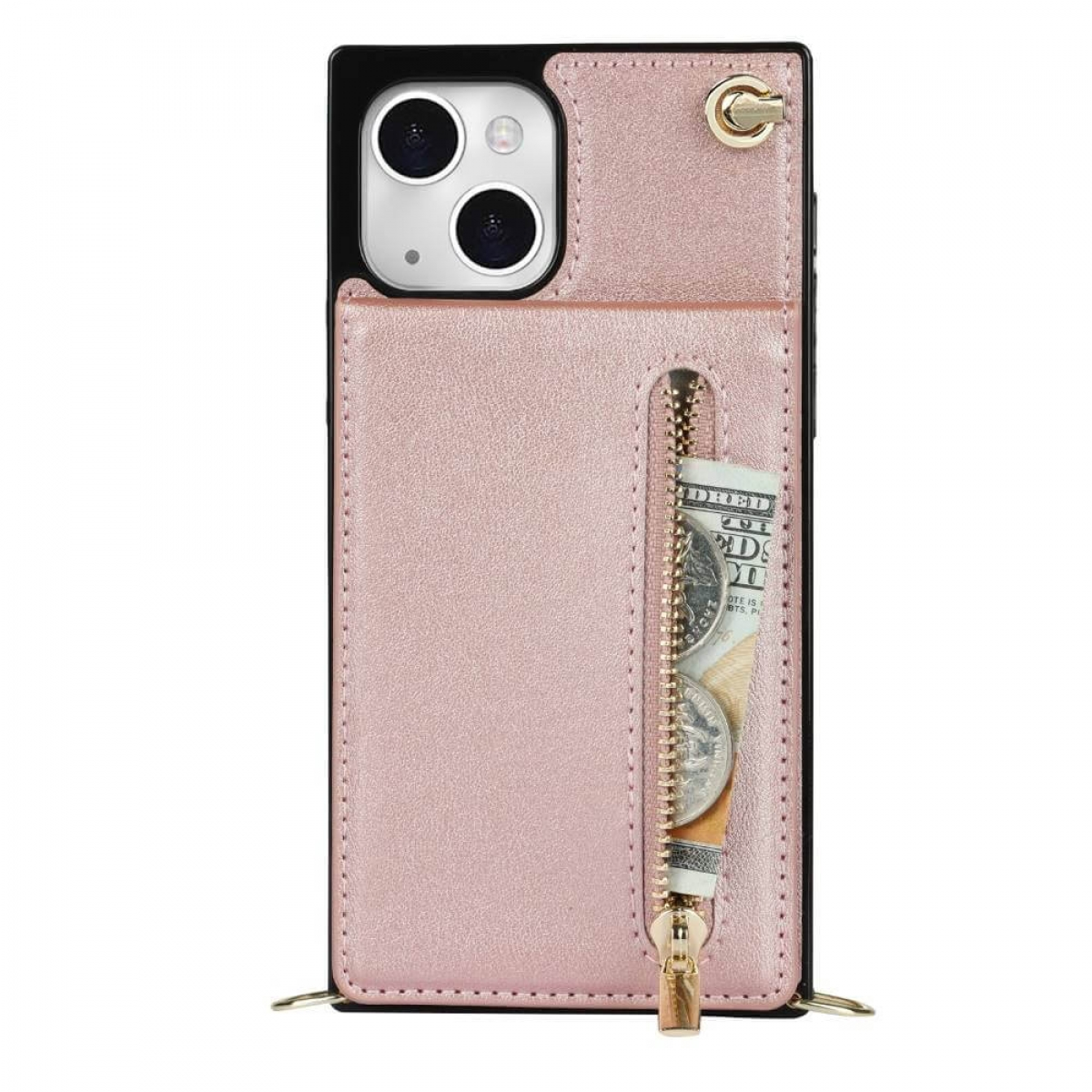 Eine rosa Handyhülle mit Reißverschlusstasche. Die Hülle ist geöffnet und zeigt Geld und Münzen. Eine goldene Kette ist befestigt.