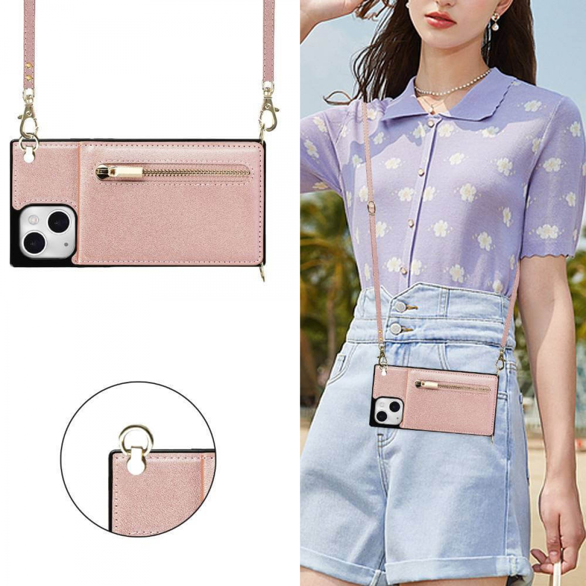Frau mit rosa Handyhülle Umhängetasche. Nahaufnahme der Tasche und ihres Outfits.