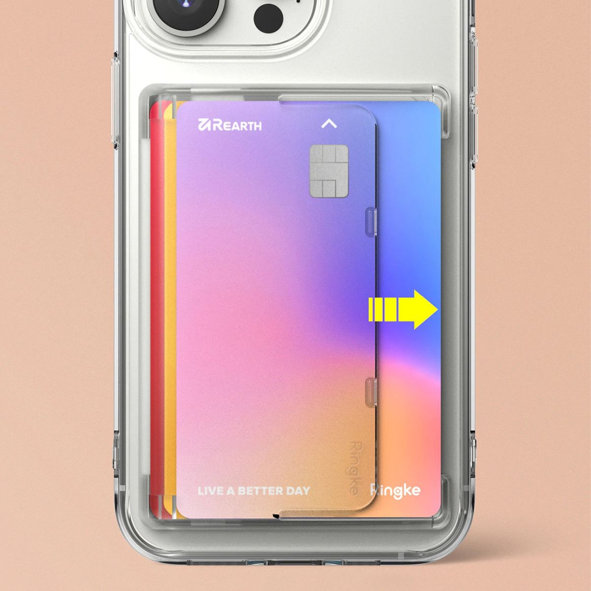 Transparente Handyhülle mit Karten. Eine Karte ist rosa-verlaufend, die andere blau.