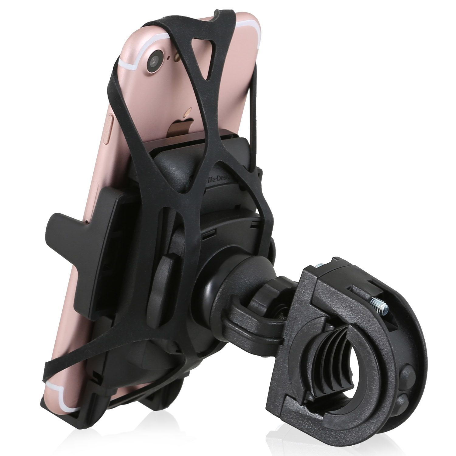 Schwarzer Telefonhalter am Fahrradlenker befestigt, mit montiertem Telefon.