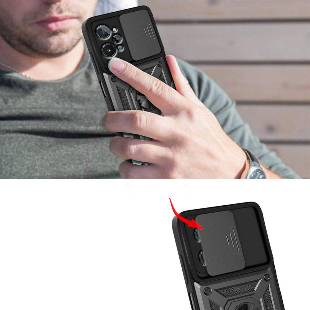 Ein Mann benutzt eine Handyhülle mit Kameraabdeckung. Die Abdeckung wird verschoben, um die Kamera freizulegen.