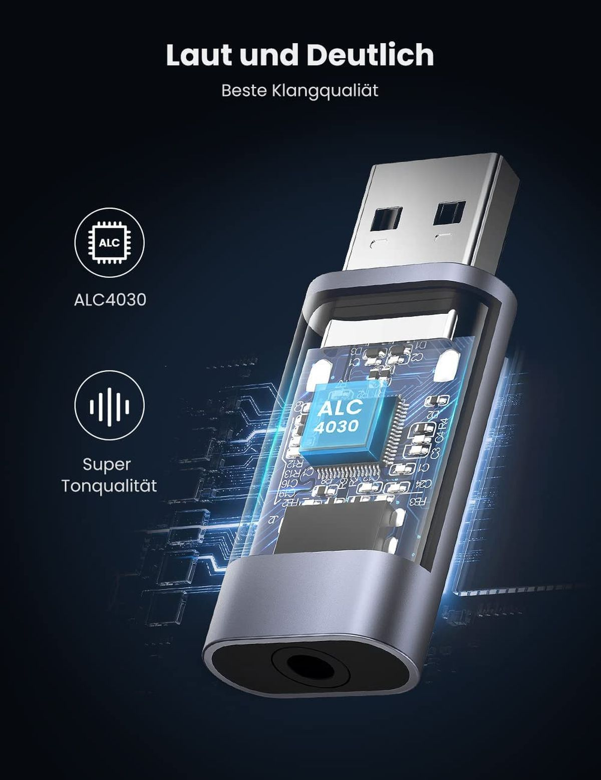Ein kleiner, rechteckiger USB-Audioadapter. Er hat eine 3,5-mm-Buchse und einen USB-Anschluss. Der Text sagt Super Sound Quality.