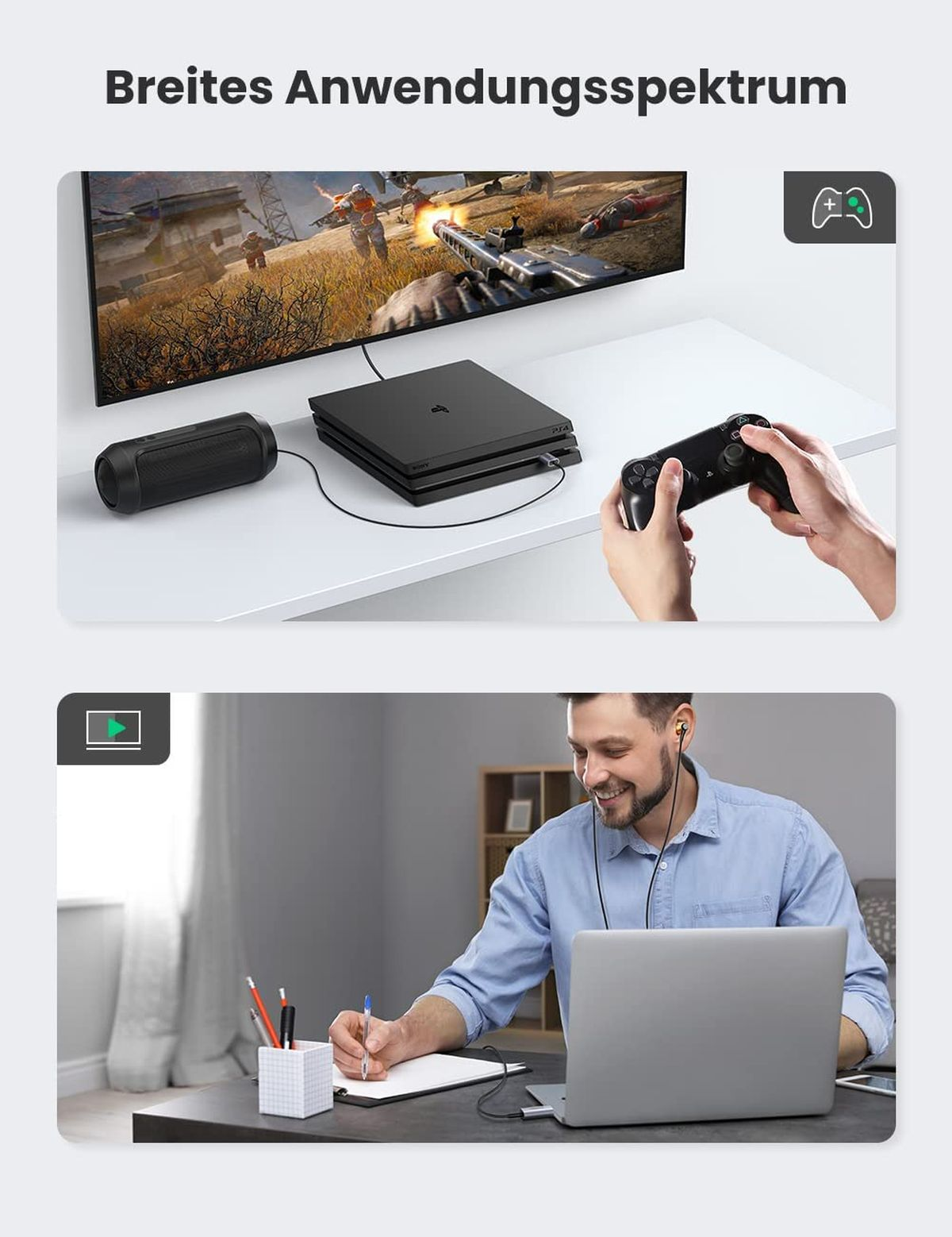 Zwei Szenen: Gaming-Setup mit Konsole und Lautsprecher und ein Mann, der mit einem Laptop arbeitet.