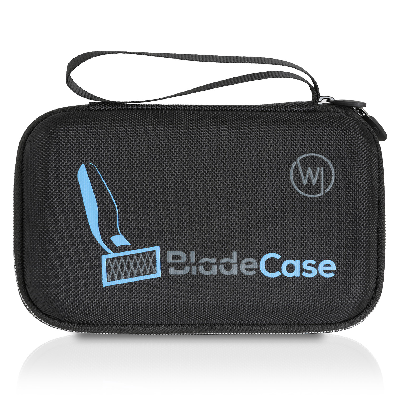 Schwarze BladeCase-Tragetasche mit blauem Design. Isoliert auf weißem Hintergrund.