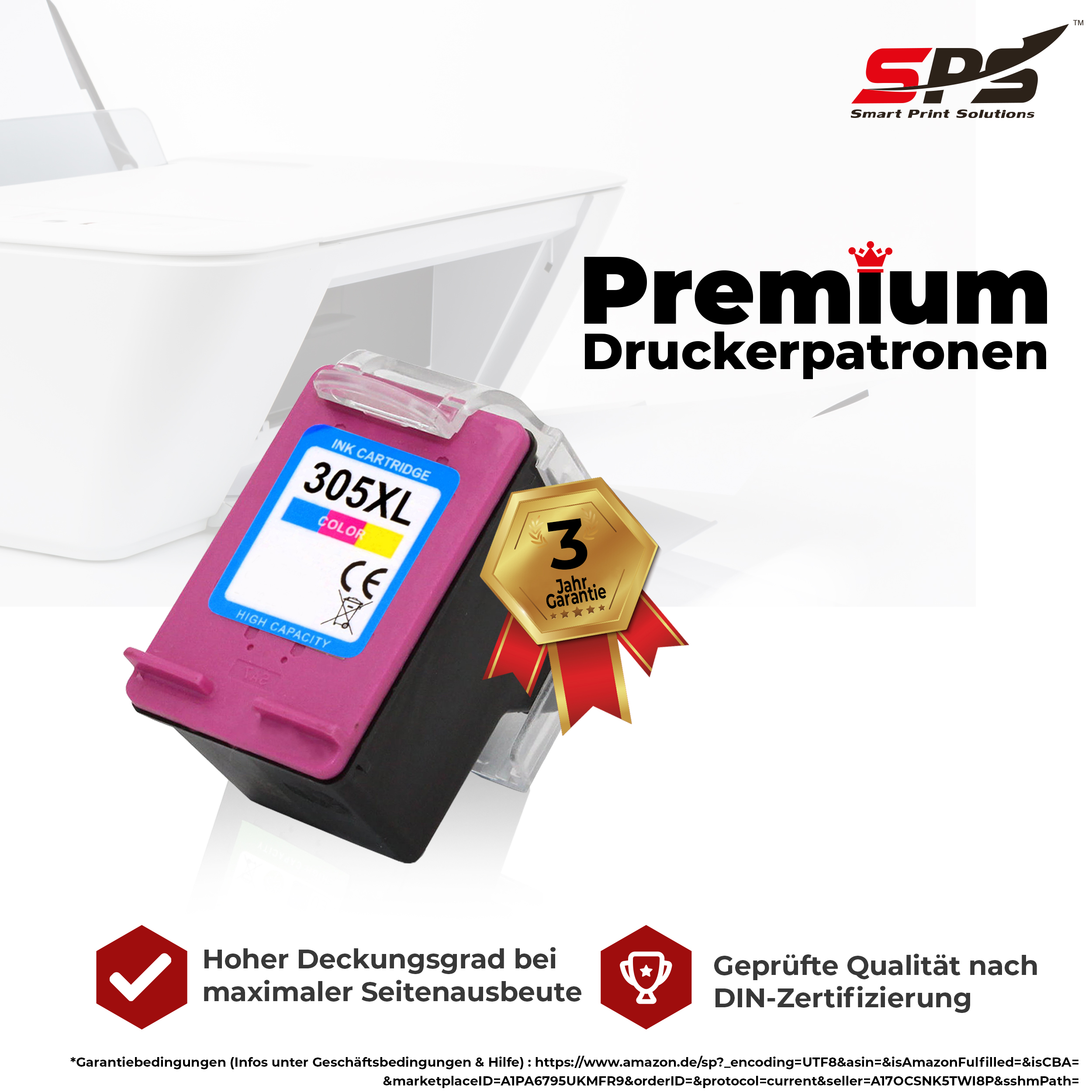 Eine Tintenpatrone mit rosa Tinte. Text lautet 305XL und Farbe. Weißer Drucker im Hintergrund.