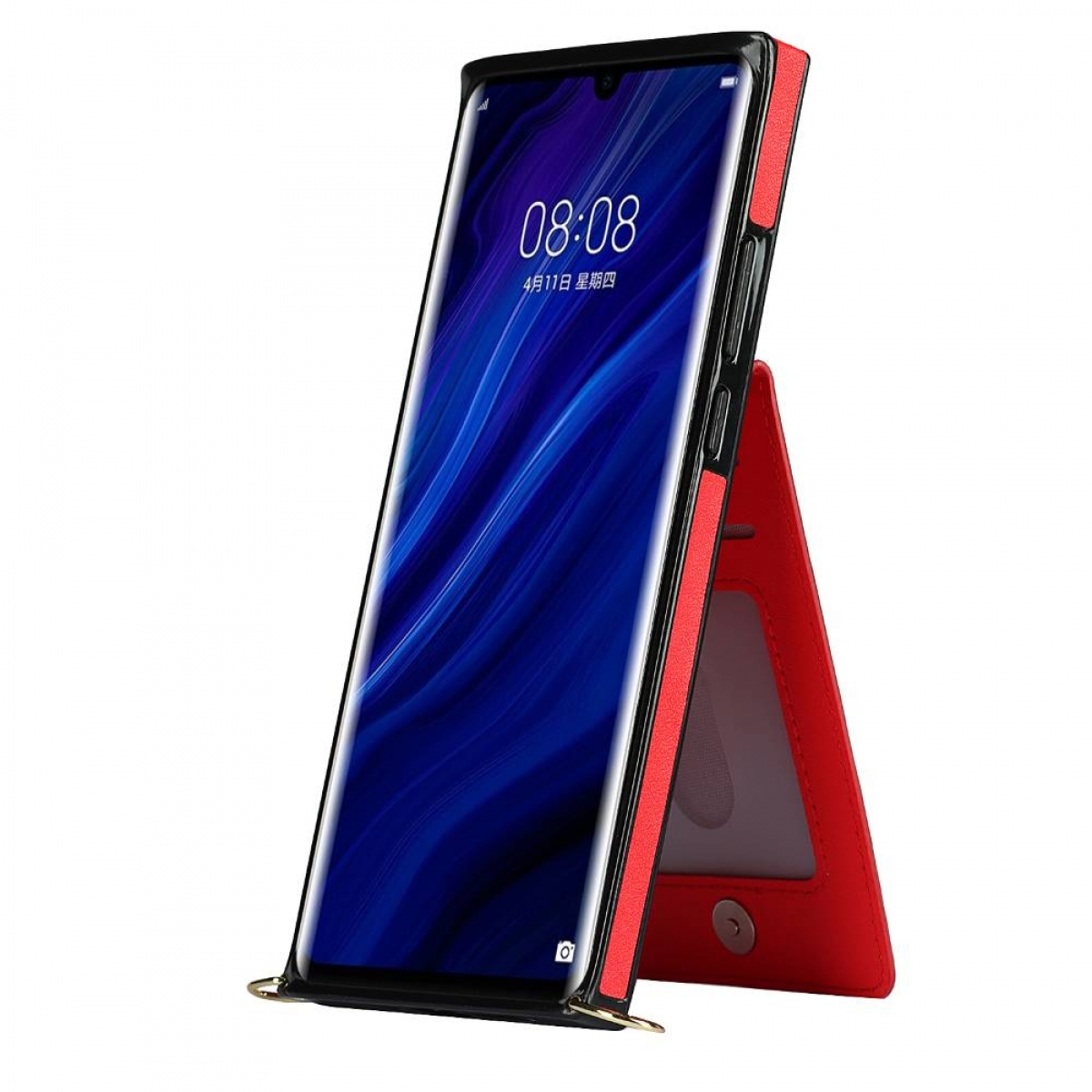 Telefon auf roter Hülle ist abgewinkelt, durch seine Hülle abgestützt.