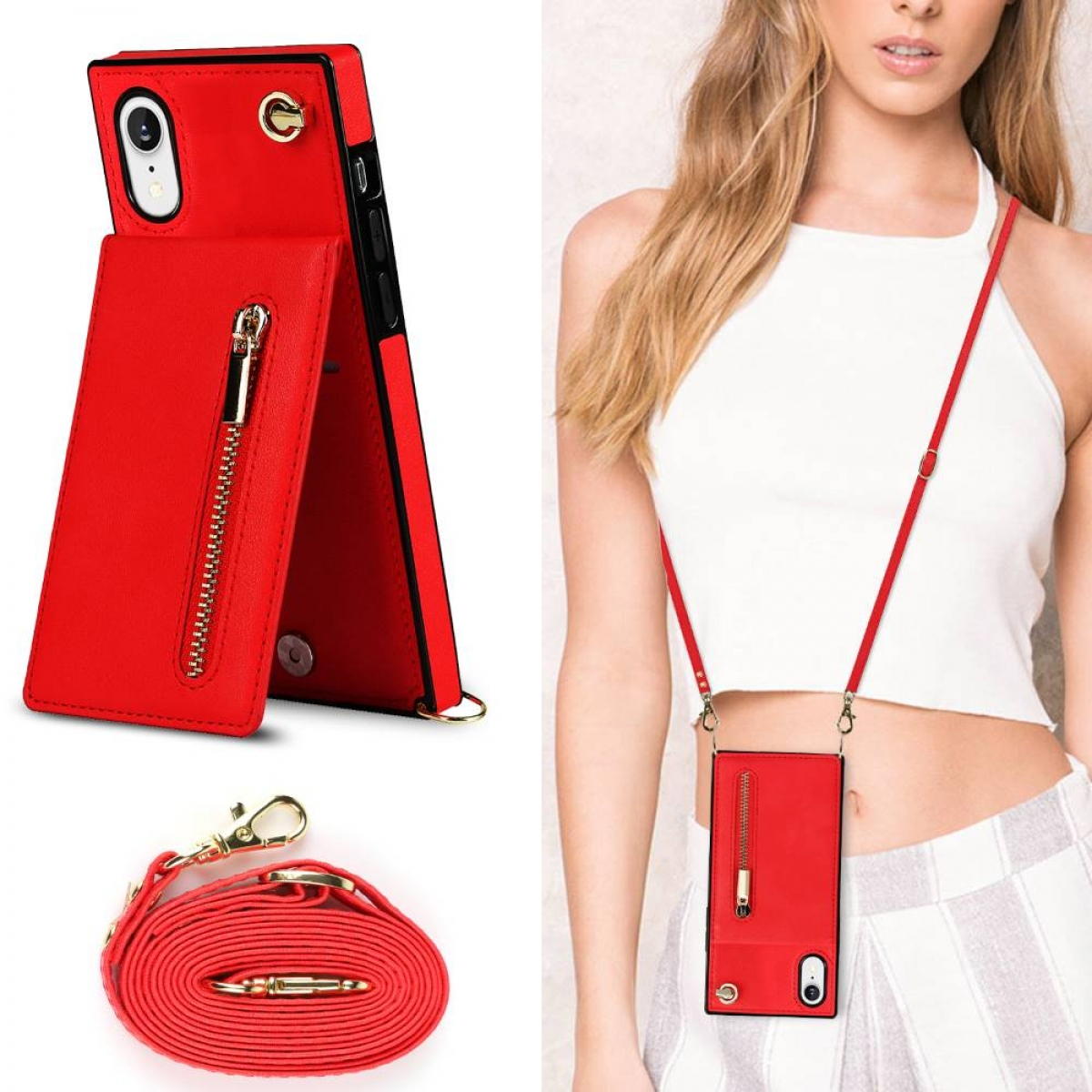 CASEONLINE Apple, Necklace, Zipper XR, Rot iPhone Umhängetasche,