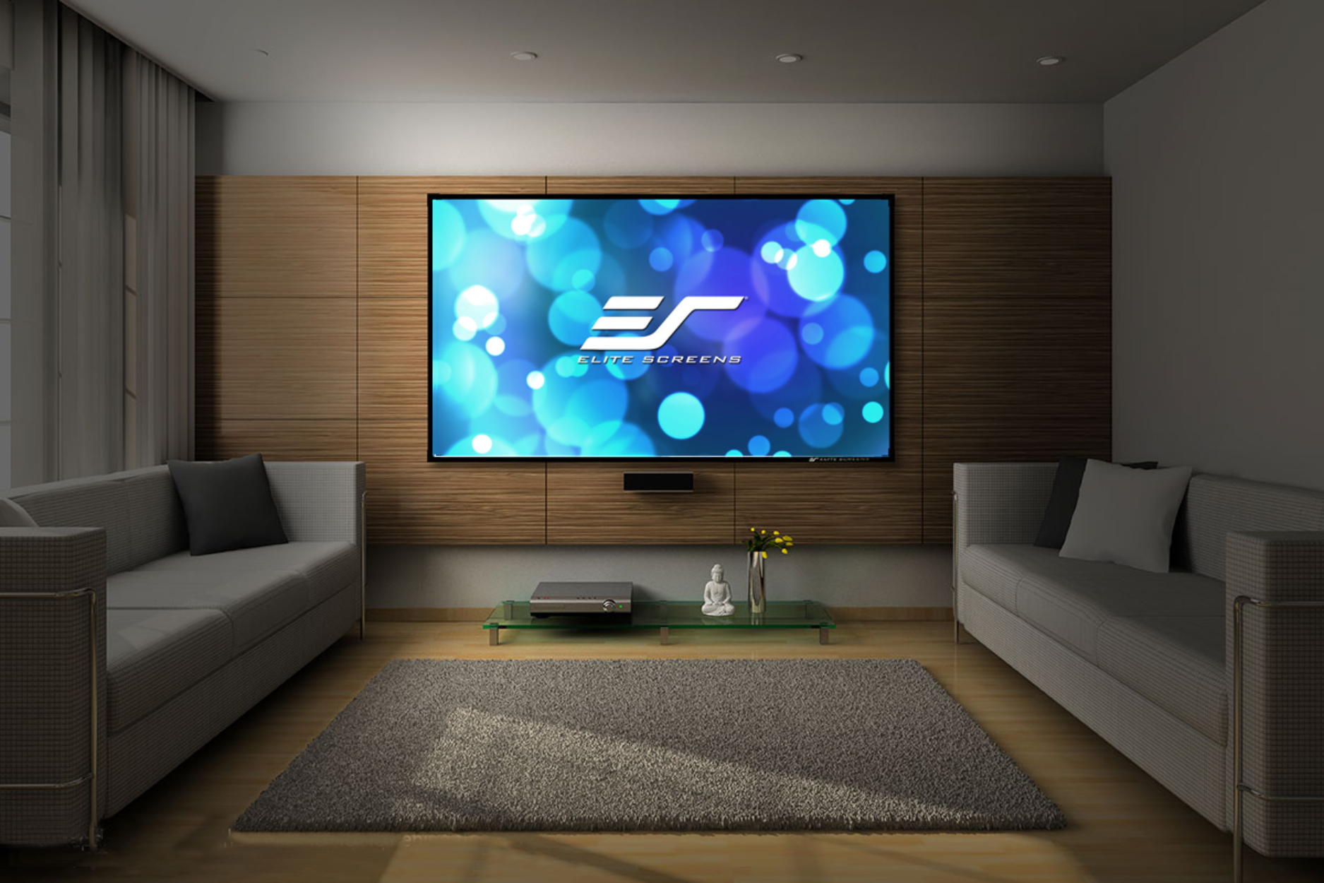 Ein modernes Wohnzimmer mit großem Bildschirm, zwei Sofas, einem Teppich und einem Glastisch. Der Hintergrund ist unscharf.