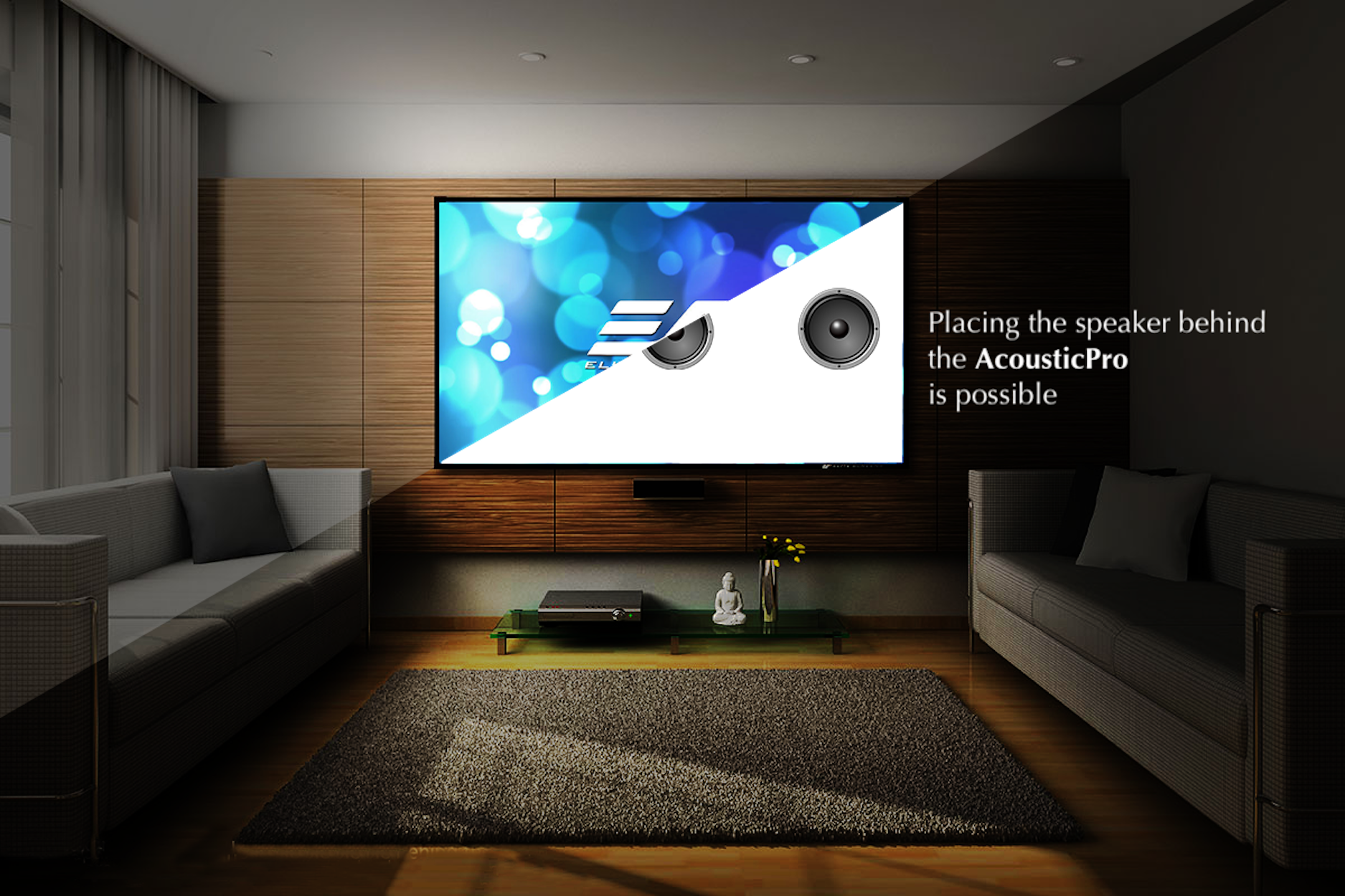 Wohnzimmer mit Fernseher, Sofa und Teppich. Text auf dem Bildschirm und im Hintergrund.
