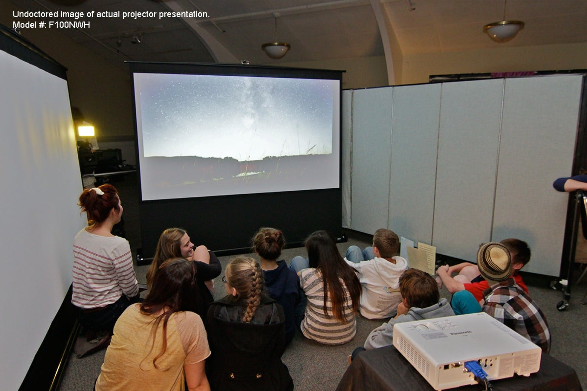 Grupo de personas viendo una pantalla de proyección en una sala. Un proyector blanco delante.