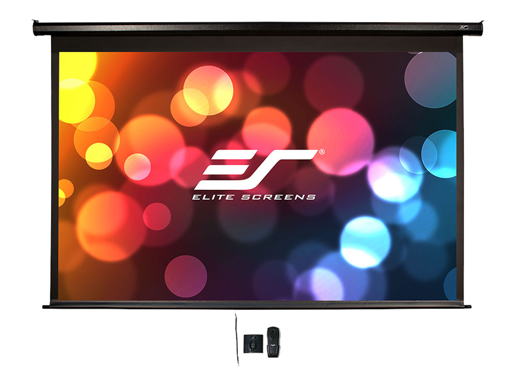 Een groot projectiescherm met een kleurrijke achtergrond en de woorden 'Elite Screens'.