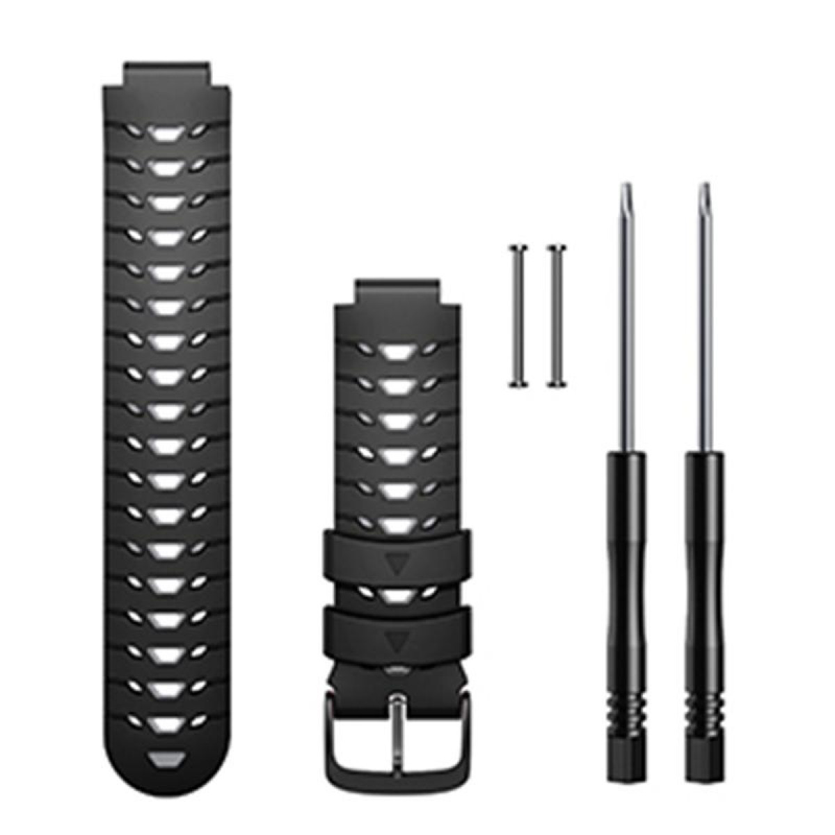 Schwarze Armbänder und Werkzeuge auf weißem Hintergrund. Zwei Armbänder, zwei Schraubendreher und zwei Stifte.