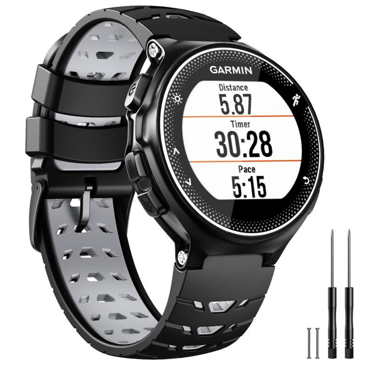 Schwarze Garmin-Uhr mit weißem Display. Zeigt Distanz, Timer und Tempo. Zwei kleine Werkzeuge darunter.