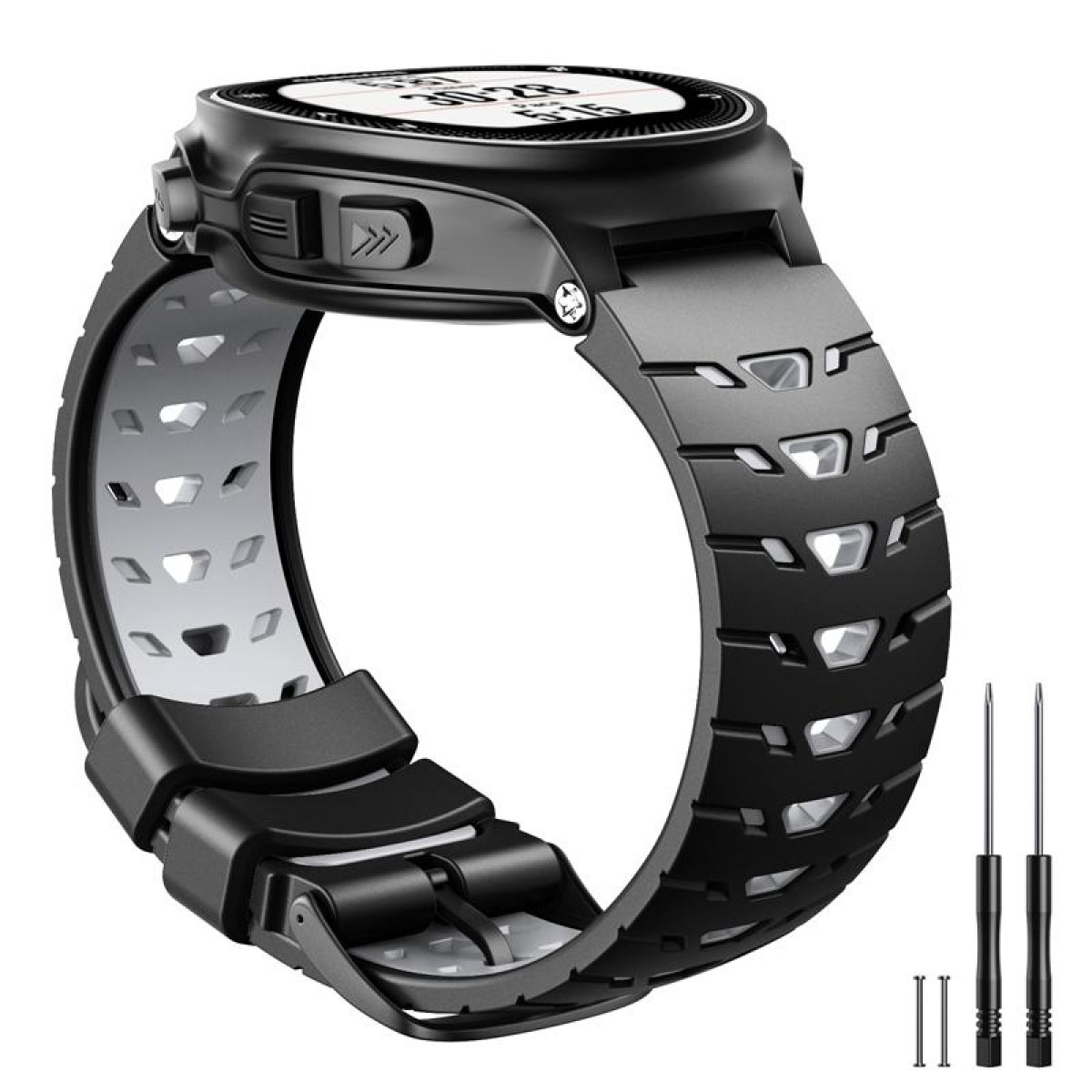 Schwarzes und graues Uhrenarmband mit einer Uhr. Schraubendreher sind unten rechts. Weißer Hintergrund.