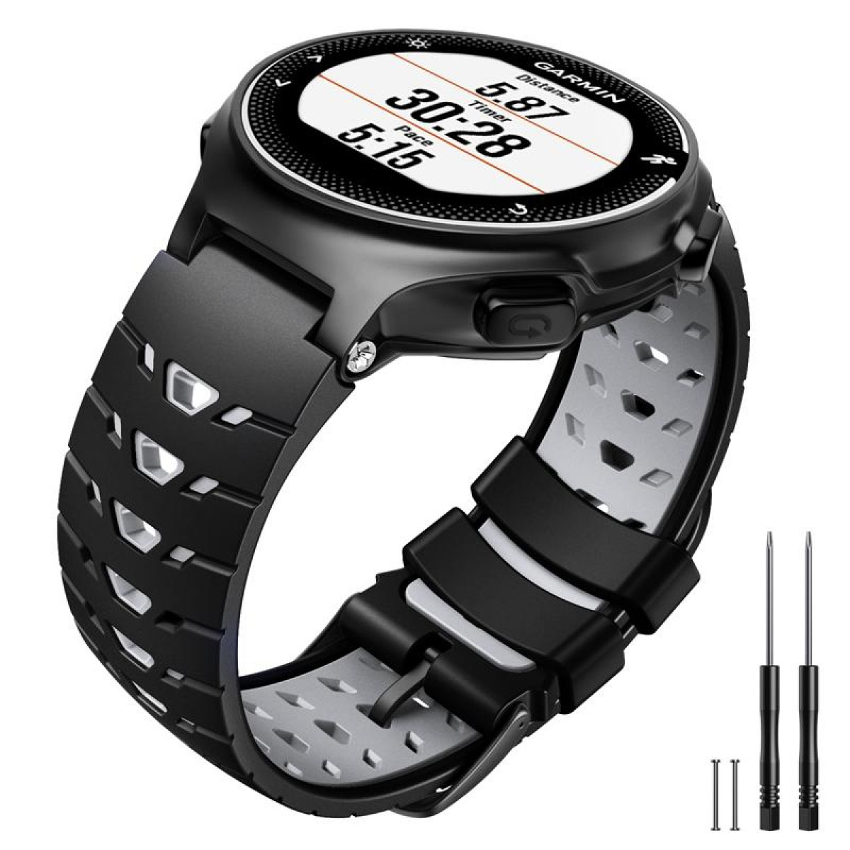 Eine schwarze und graue Garmin Smartwatch mit einem Display, das Zeit und Statistiken anzeigt.