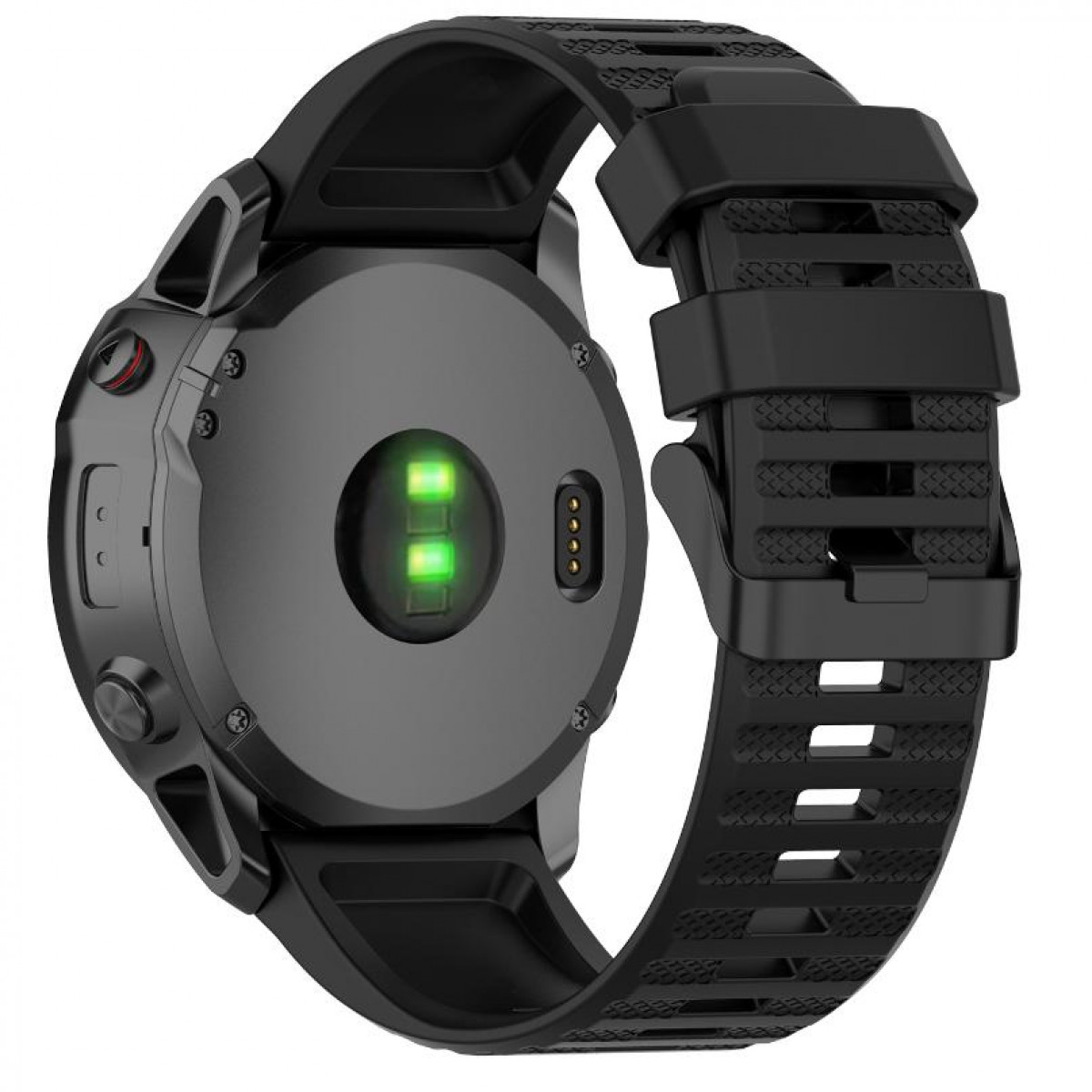 Czarny smartwatch, widok z tyłu, z czujnikiem tętna i czarnym paskiem. Czarne tło.