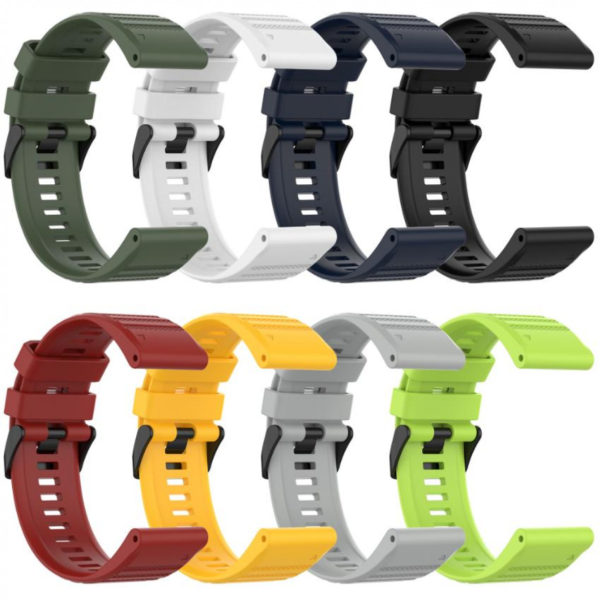 Osiem pasków do zegarków w różnych kolorach. Zielony, biały, niebieski, czarny, czerwony, żółty, szary i limonkowy.