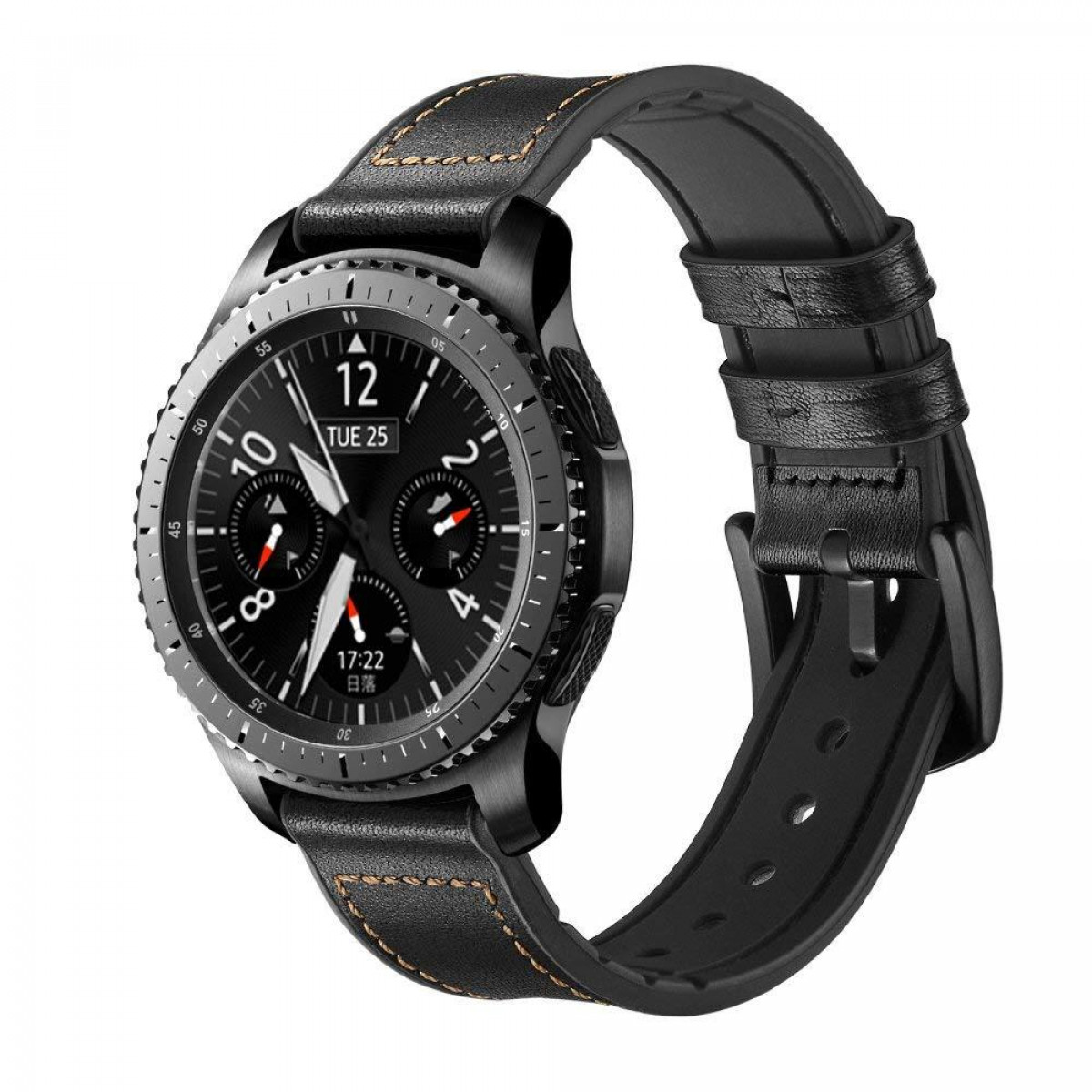 Une smartwatch noire avec un bracelet en cuir est montrée. Le cadran affiche l'heure.