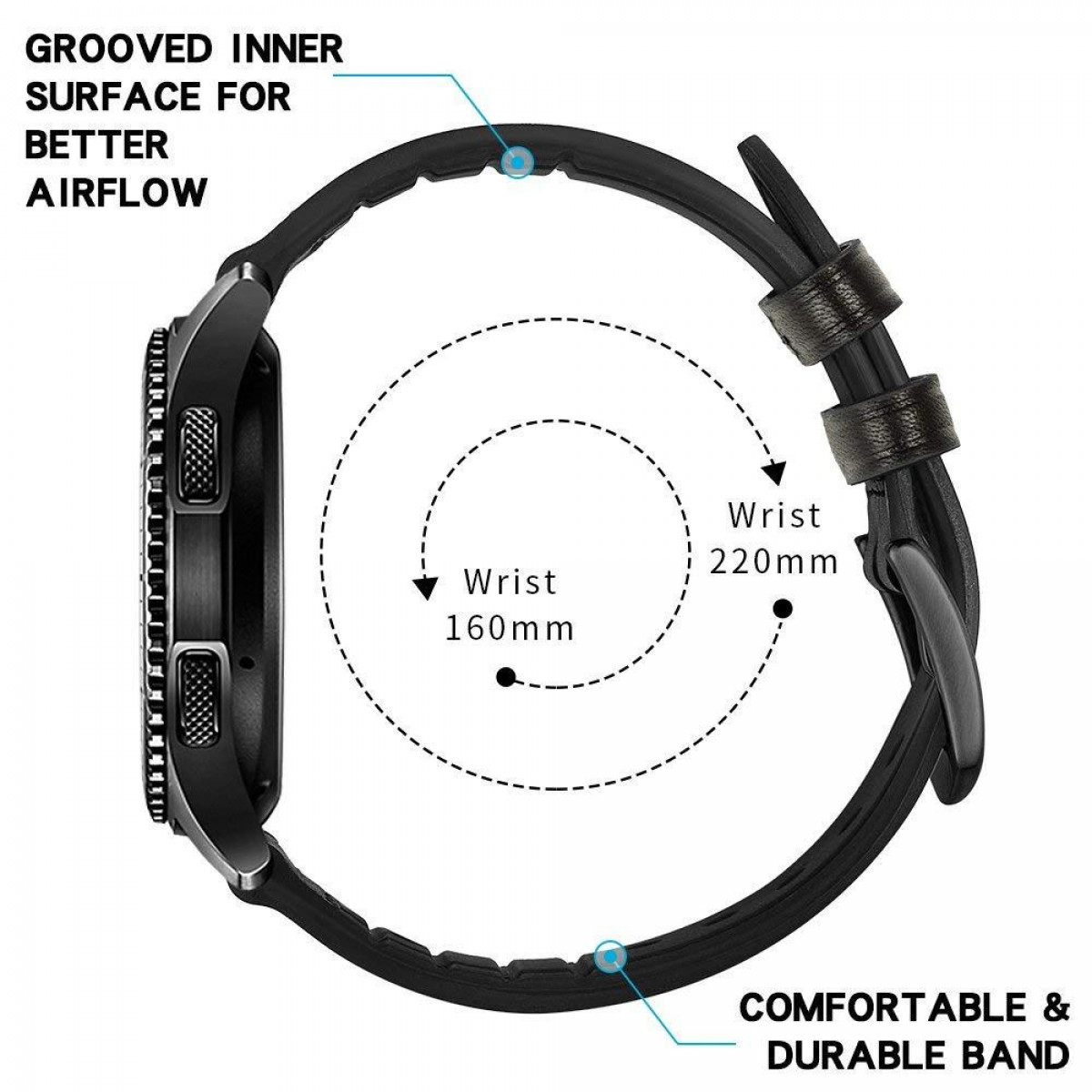 Smartwatch noire avec bracelet noir et marron. Texte décrivant surface intérieure rainurée et bracelet confortable.