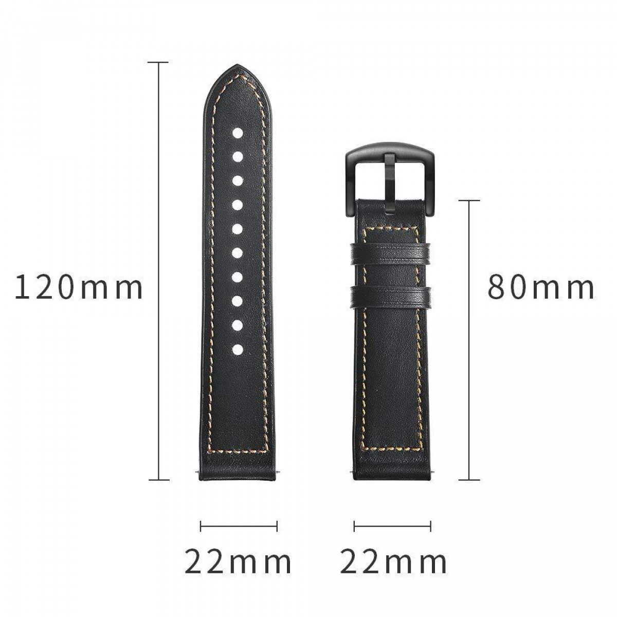 Deux bracelets de montre en cuir noir. Longueurs de 120 mm et 80 mm. Largeurs de 22 mm. Coutures beiges. Fond blanc.