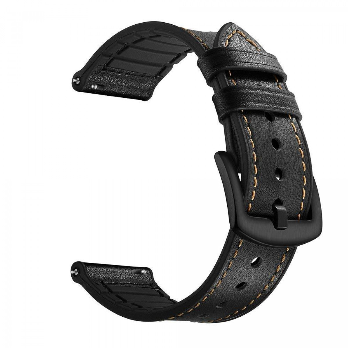 Bracelet de montre en cuir noir avec coutures marron et boucle noire.