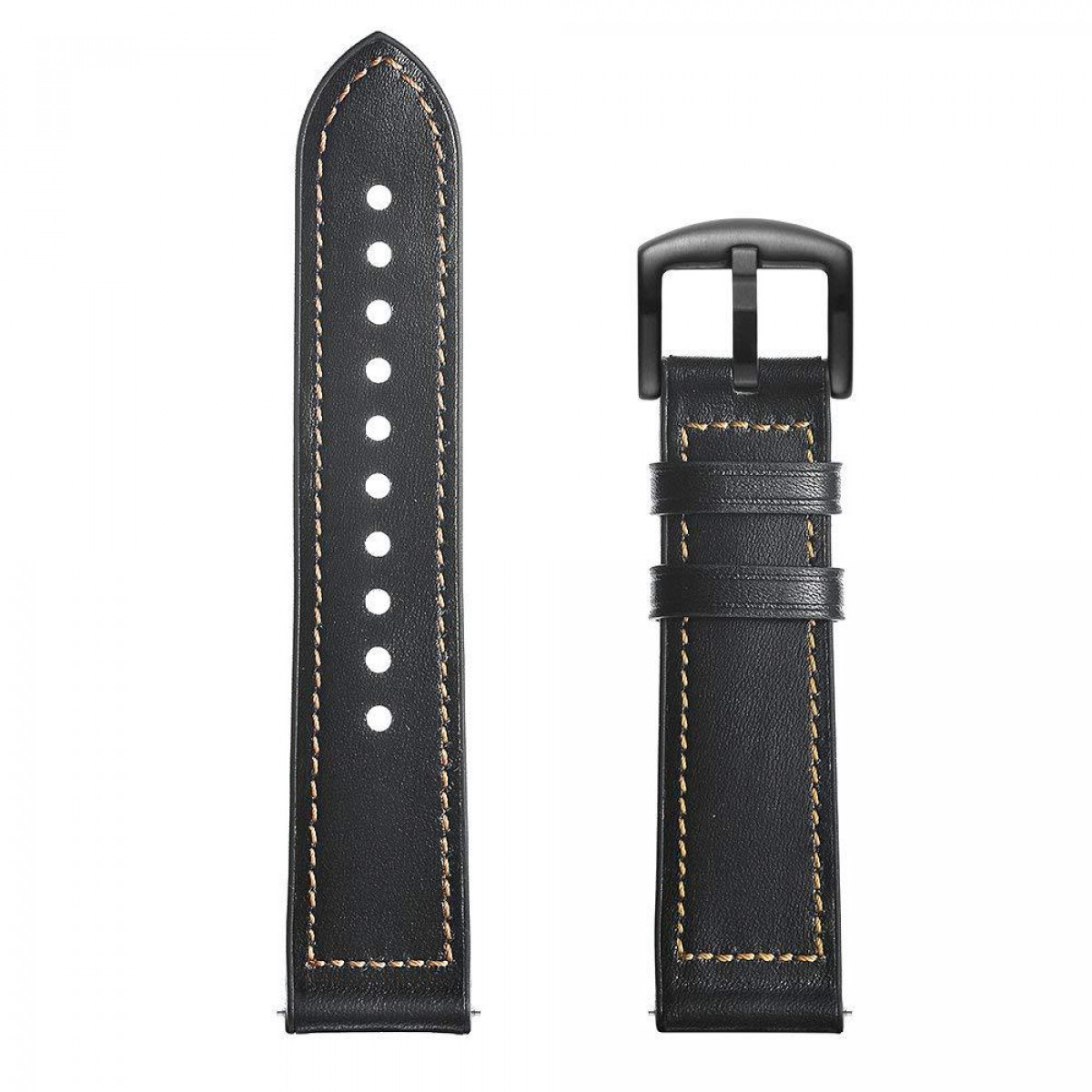 Bracelet de montre en cuir noir avec des coutures blanches.