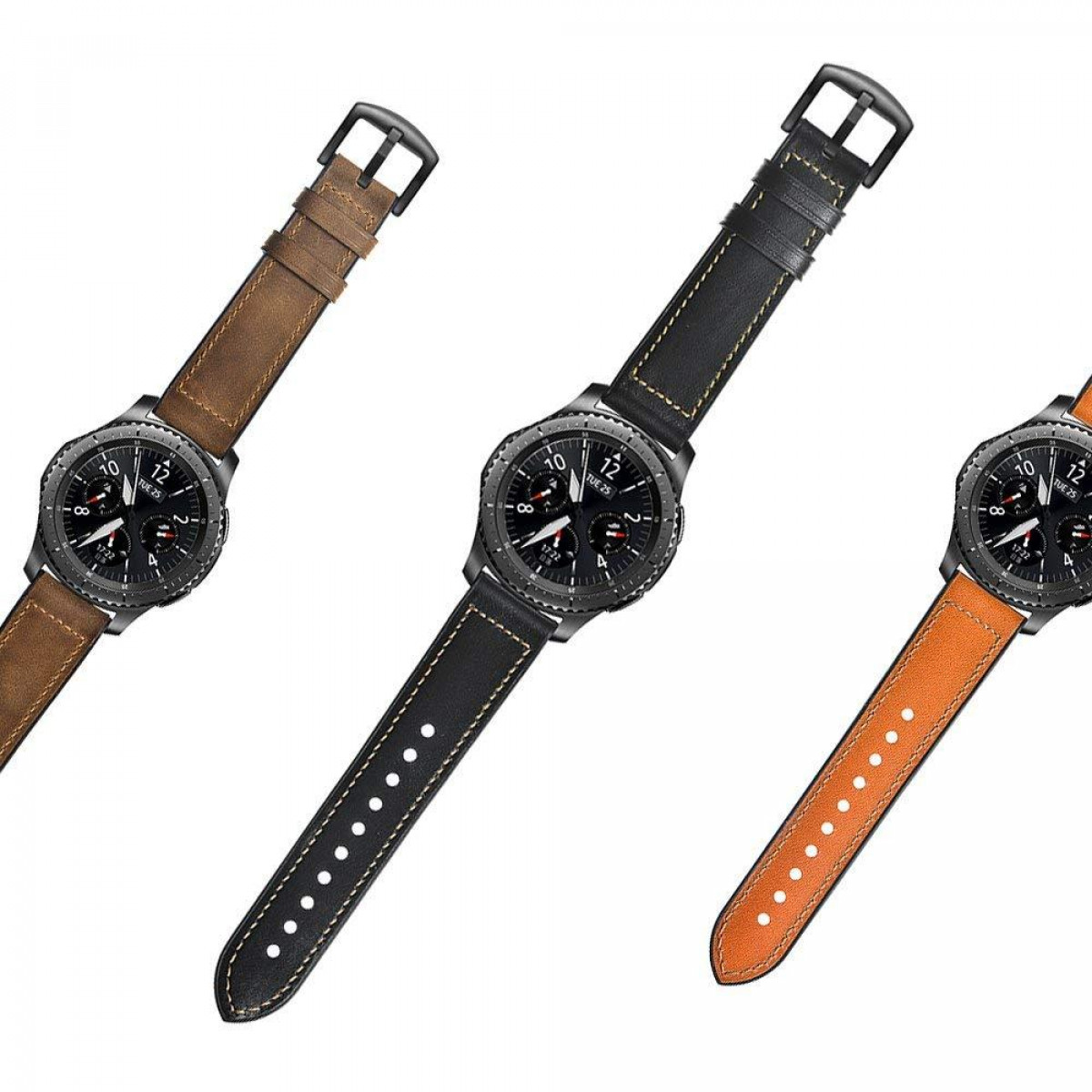 Trois montres avec des bracelets en cuir, chacune avec une couleur différente : marron, noir et orange.