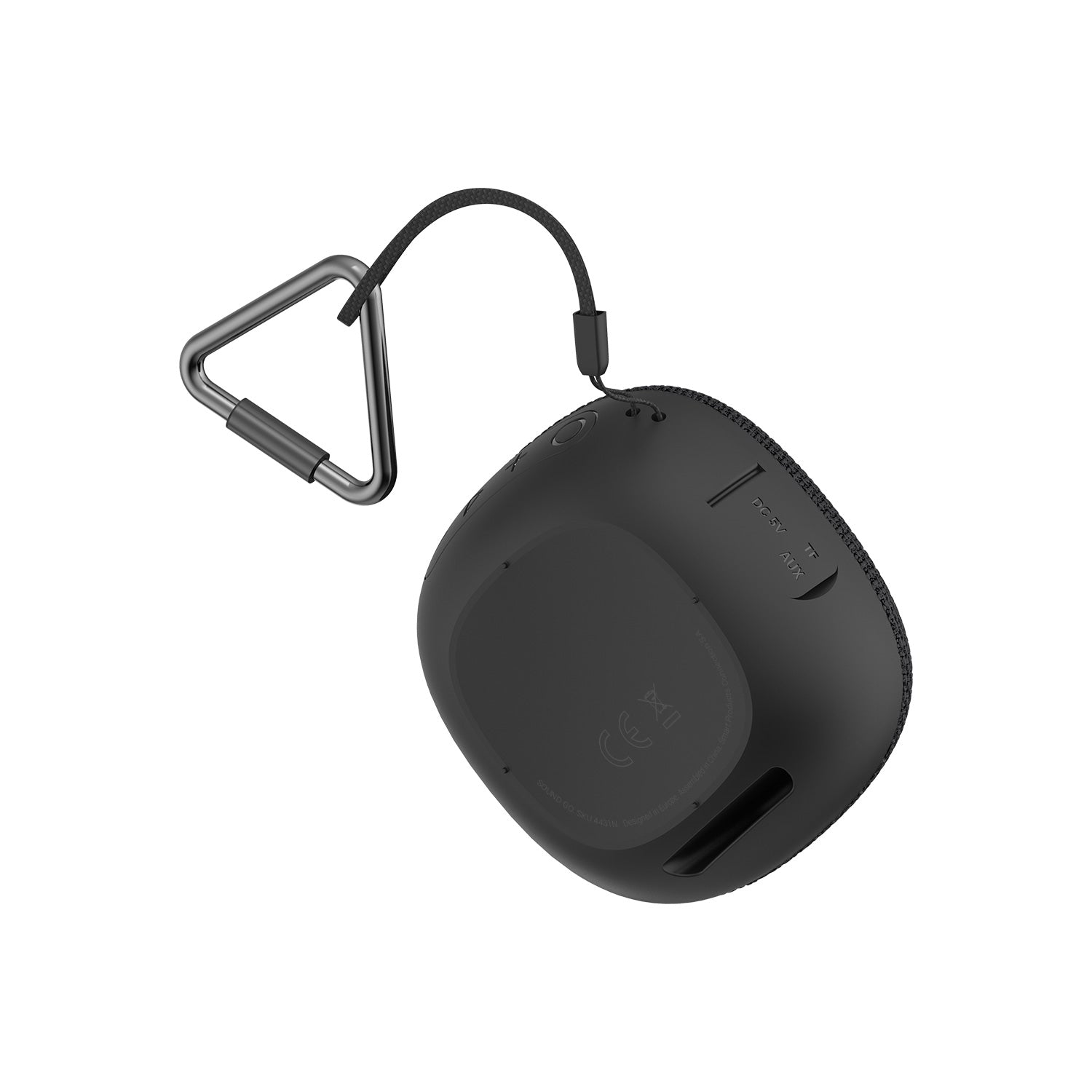 Un altoparlante nero e arrotondato con un cinturino nero e una clip triangolare in metallo.