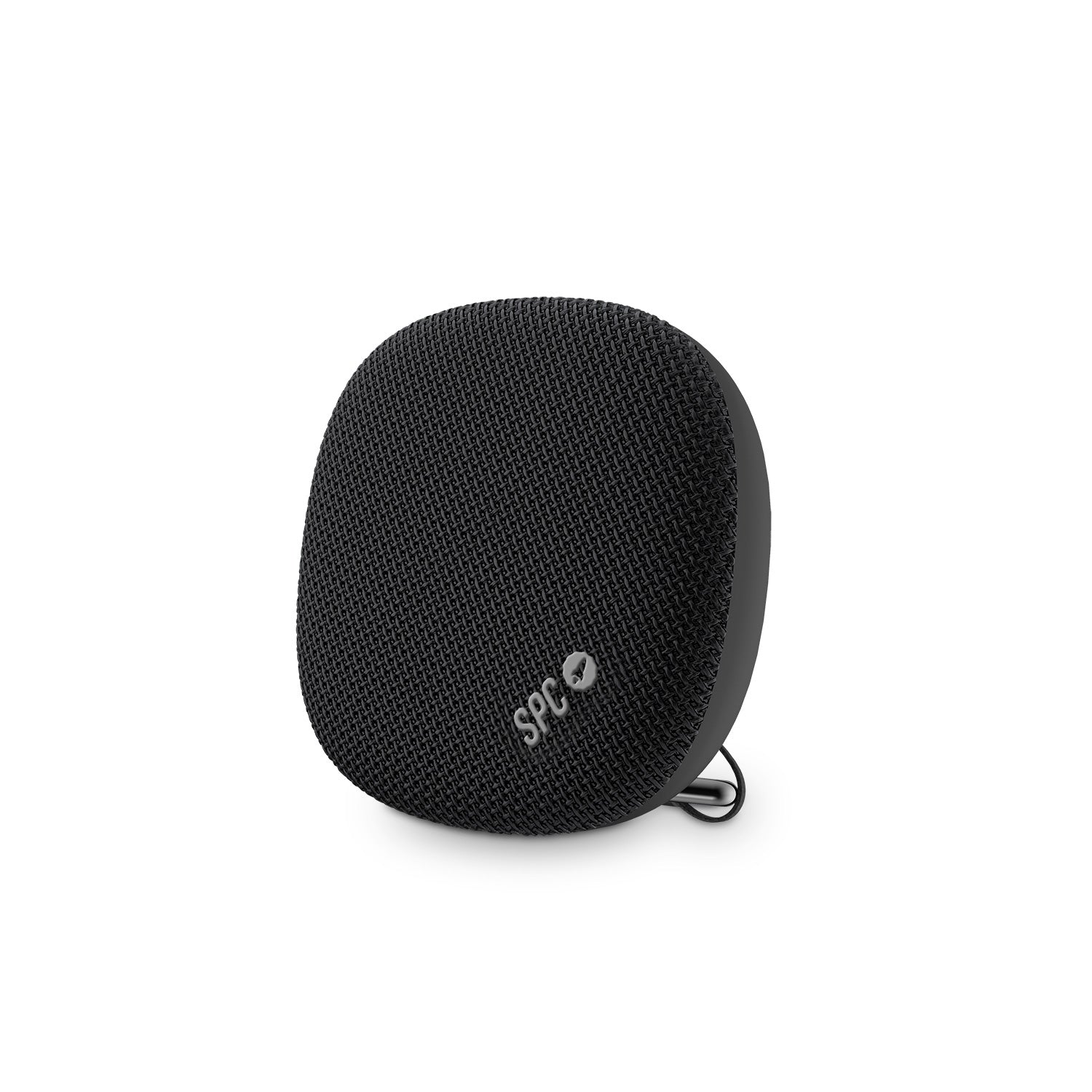 Altoparlante rotondo nero con logo SPC su sfondo bianco. Design semplice e moderno.