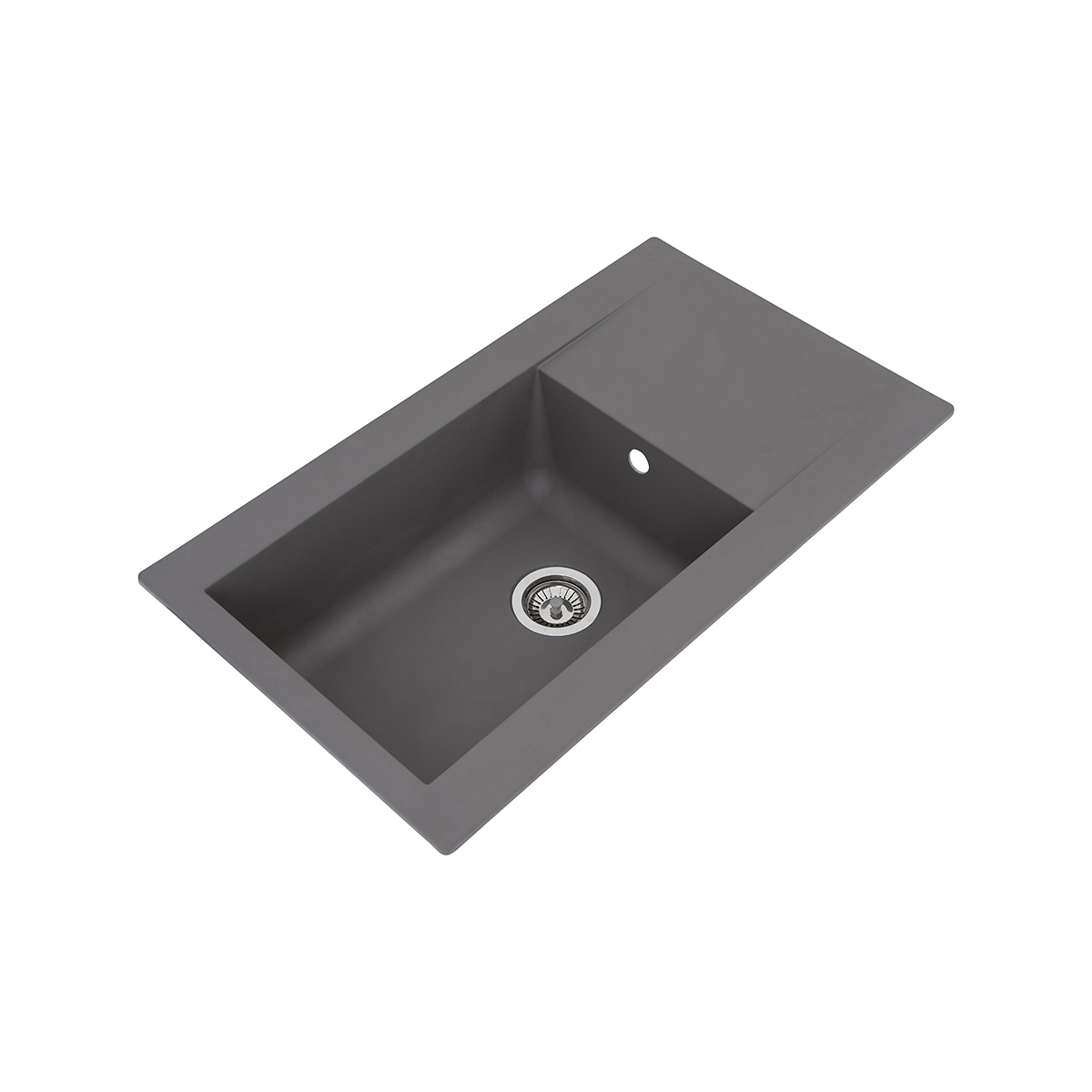 Ein graues Waschbecken mit einem rechteckigen Becken und einem Abfluss. Das Waschbecken ist vor weißem Hintergrund isoliert.