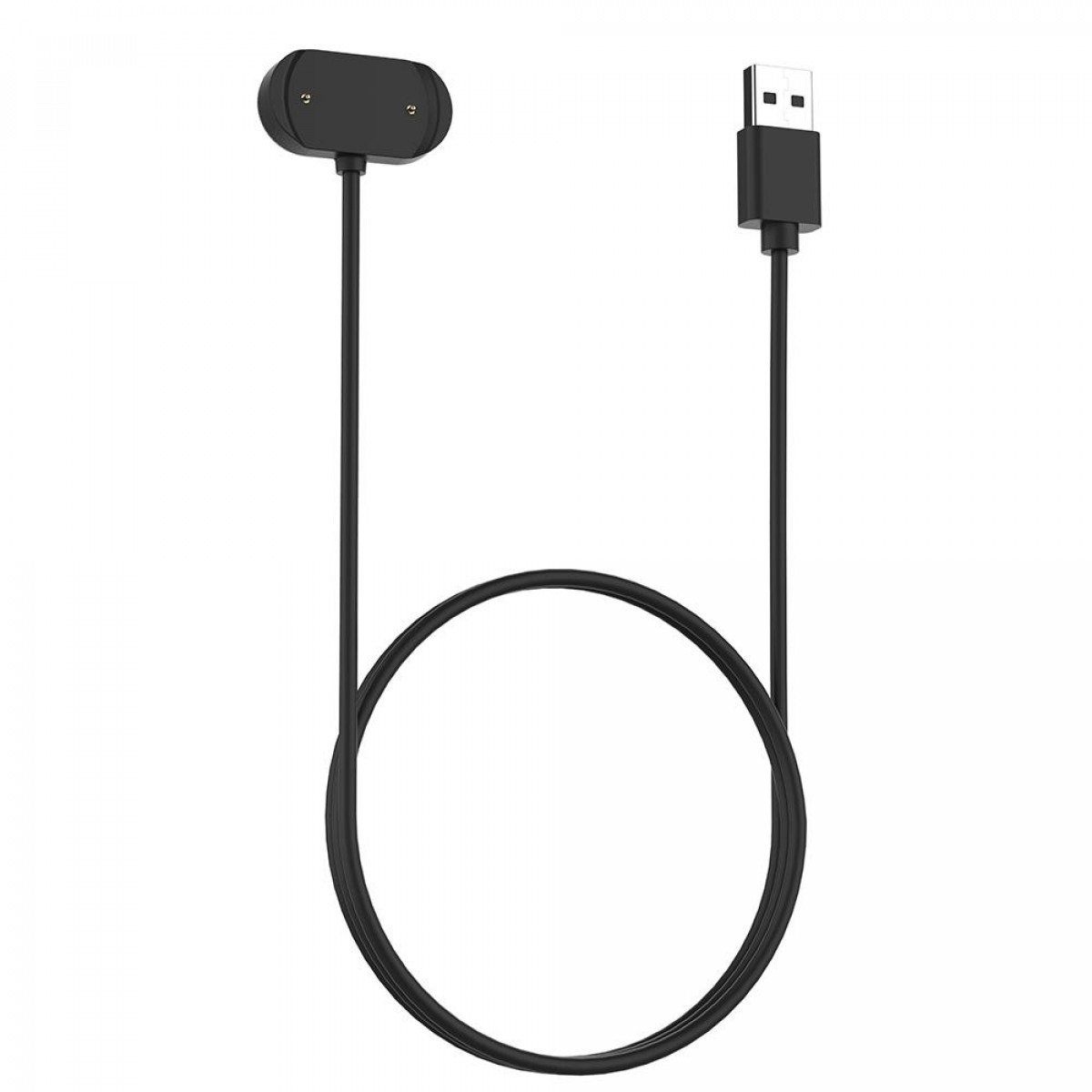 Schwarzes Ladekabel mit magnetischem Ladeende und USB-Ende. Weißer Hintergrund.