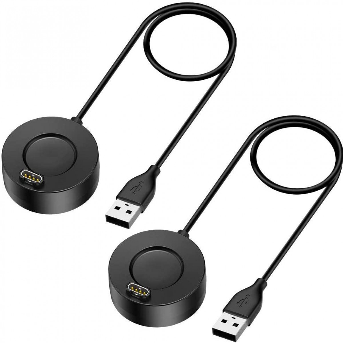 Due basi di ricarica circolari nere con cavi USB.