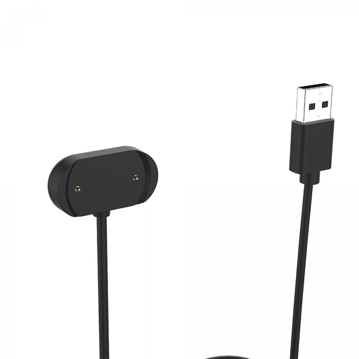 Schwarzes Smartwatch-Ladegerät und USB-Kabel. Weißer Hintergrund. Ovales Lade-Pad. Detailaufnahme.