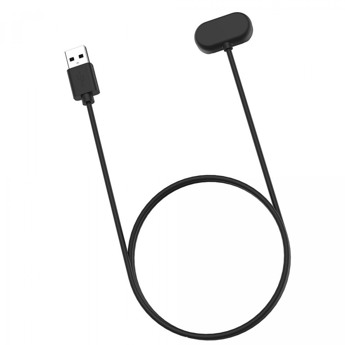 Schwarzes Ladekabel. Es hat einen USB-Anschluss und einen kleinen kreisförmigen Ladekopf.
