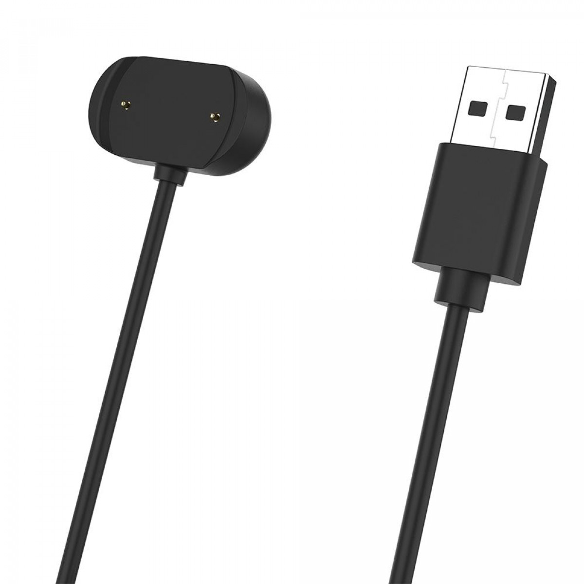 Schwarzes Smartwatch-Ladekabel. Ein Ende für die Uhr, das andere für USB.