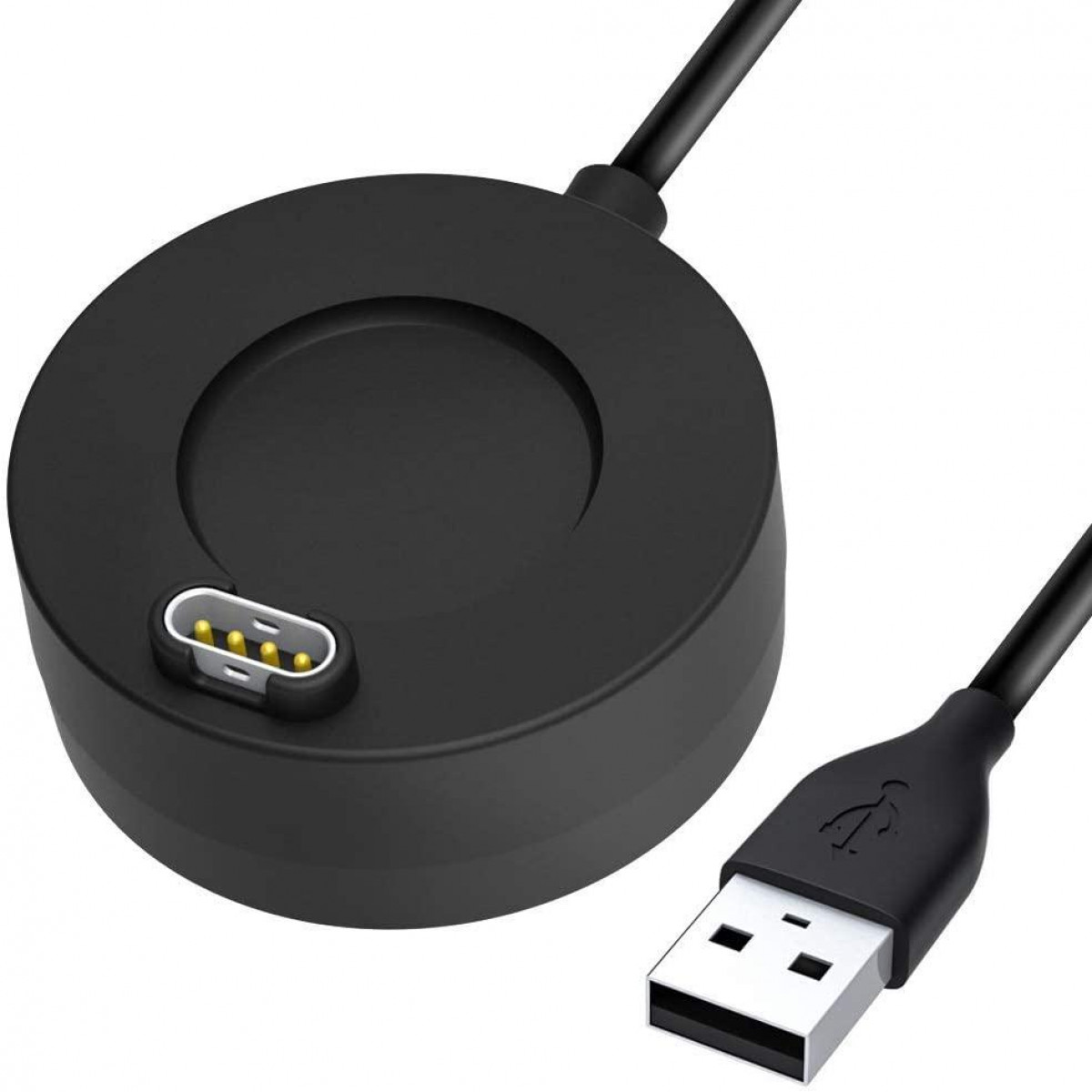 Base di ricarica nera con cavo USB collegato.
